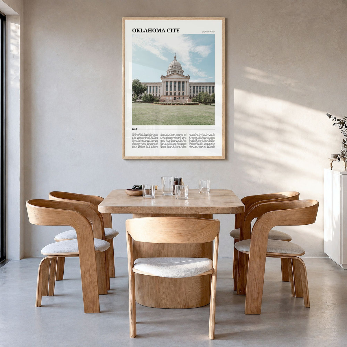 Oklahoma City Travel No 2 Poster in a natural wood frame, hanging in a dining room