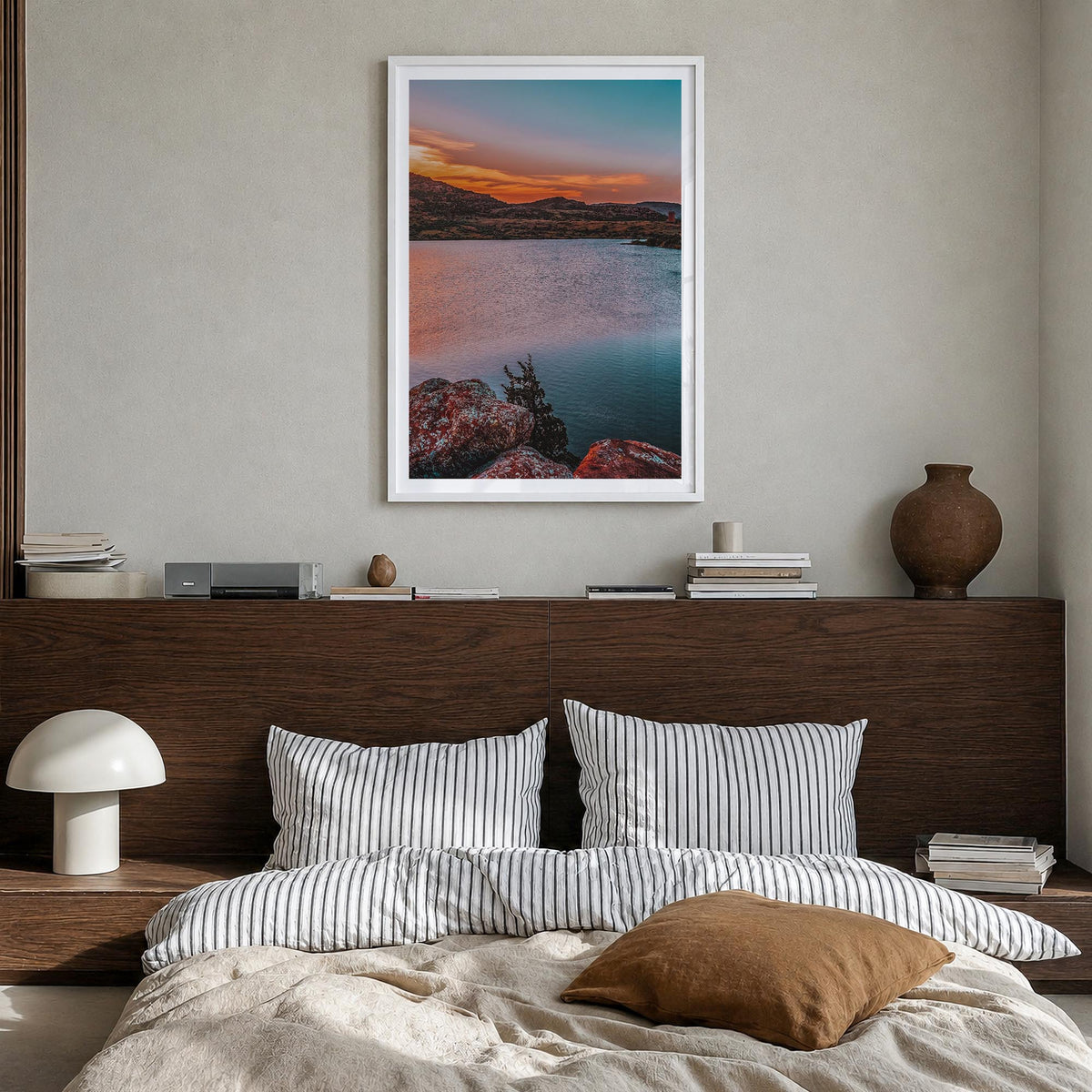 Oklahoma no. 1 colorful photo poster of United States – vertical wall art in white wood frame with white border, hanging on w