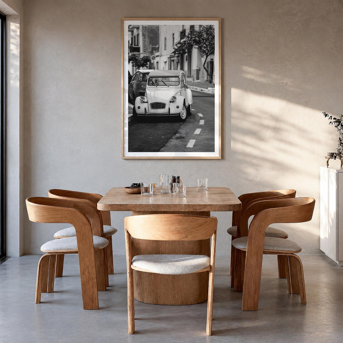 Old Car in Italy black & white photo poster – vertical wall art in natural wood frame with white border, hanging on wall