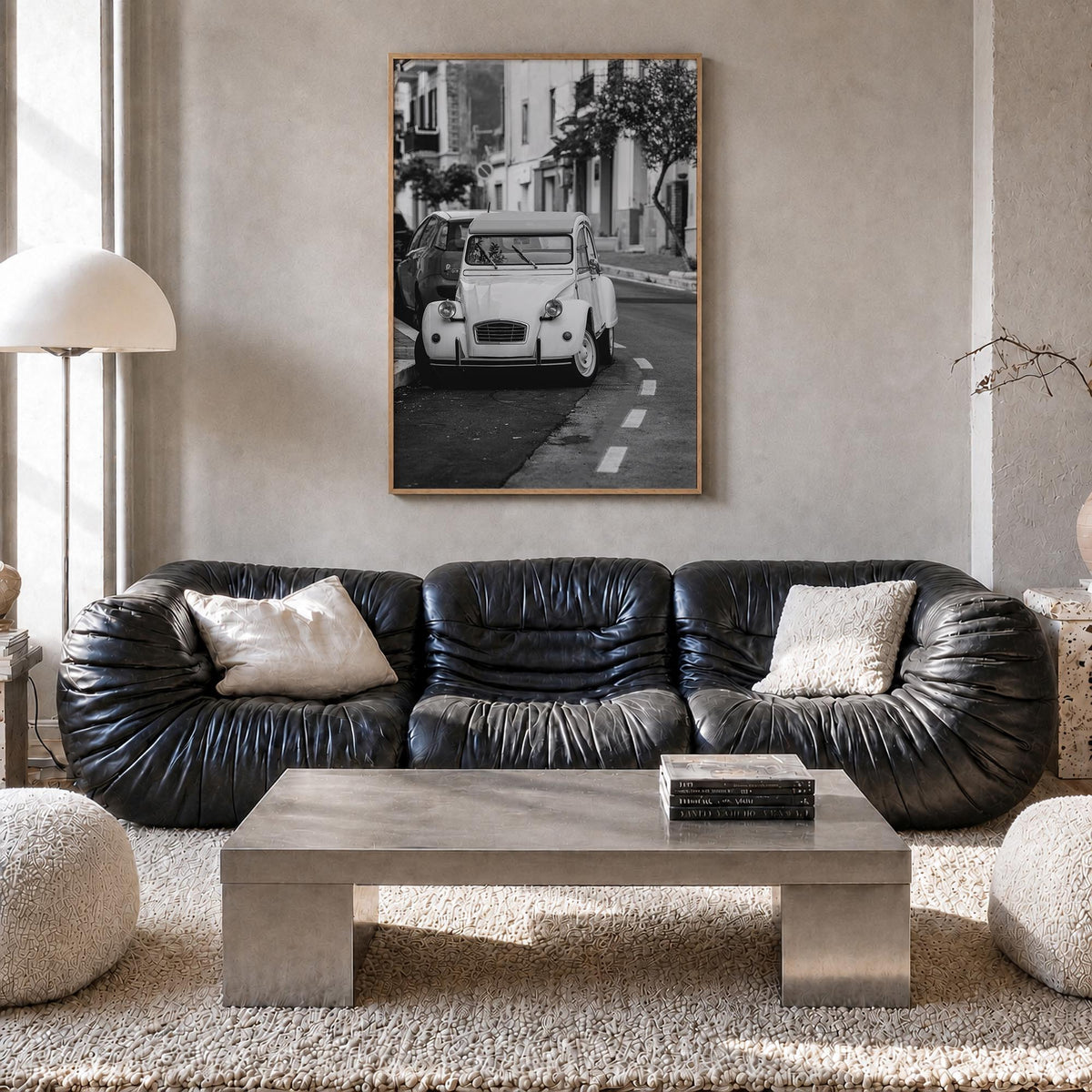 Old Car in Italy black & white photo poster – vertical wall art in natural wood frame, hanging on wall