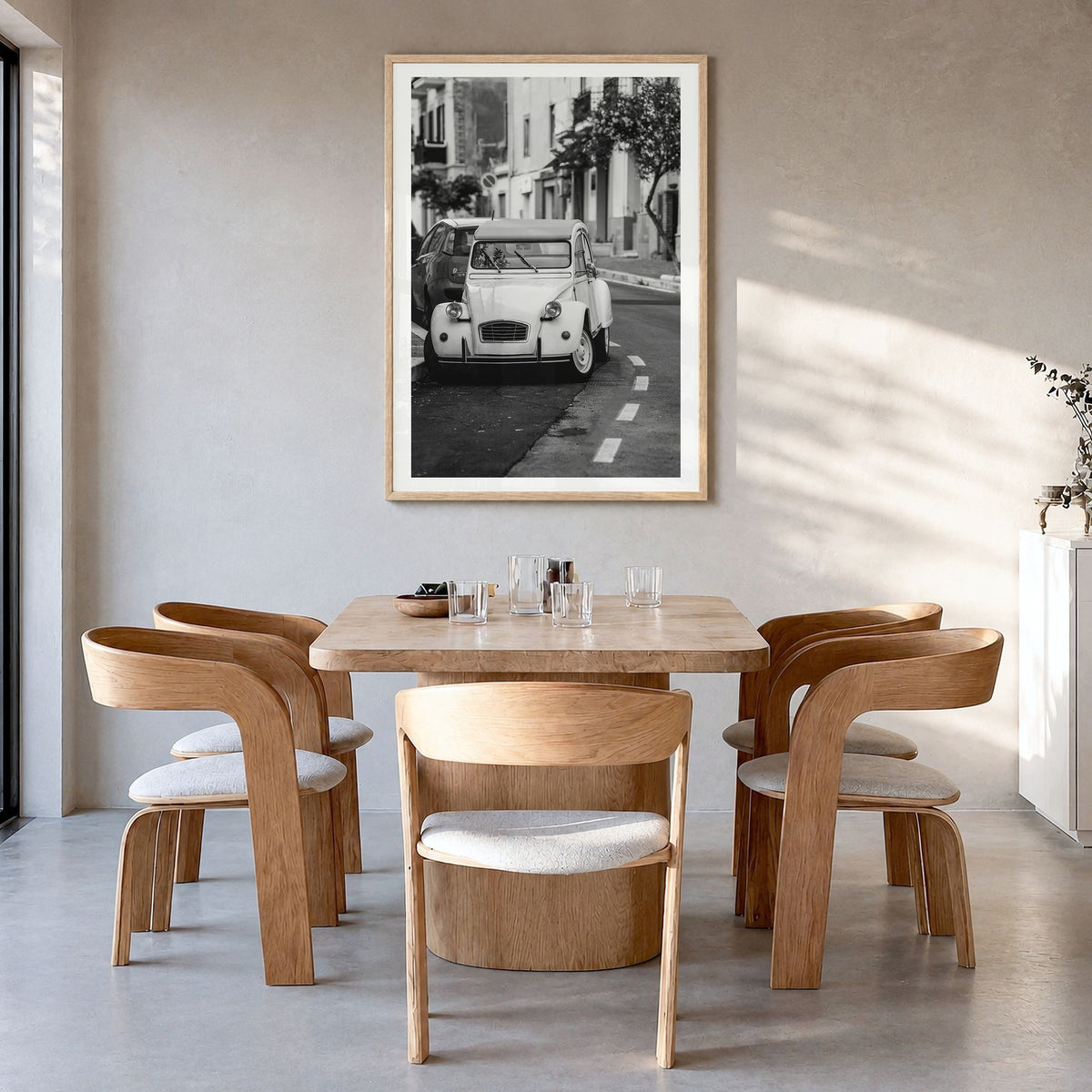 Old Car in Italy Photo Poster in a natural wood frame, hanging in a dining room, white border