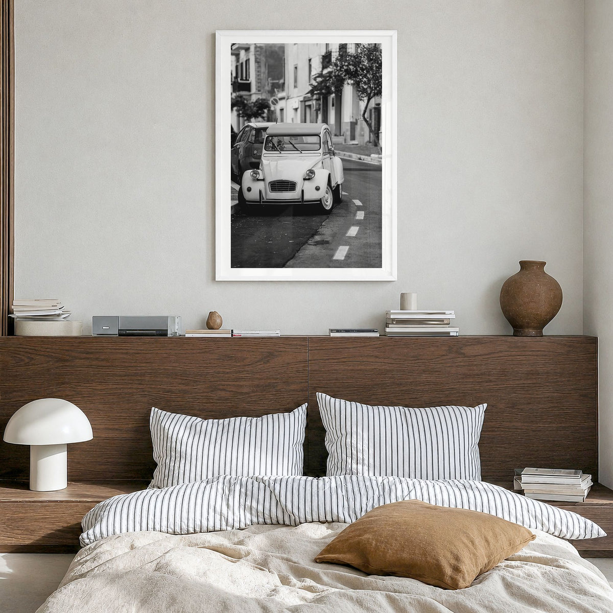 Old Car in Italy Photo Poster in a white wood frame, hanging in a bedroom, white border