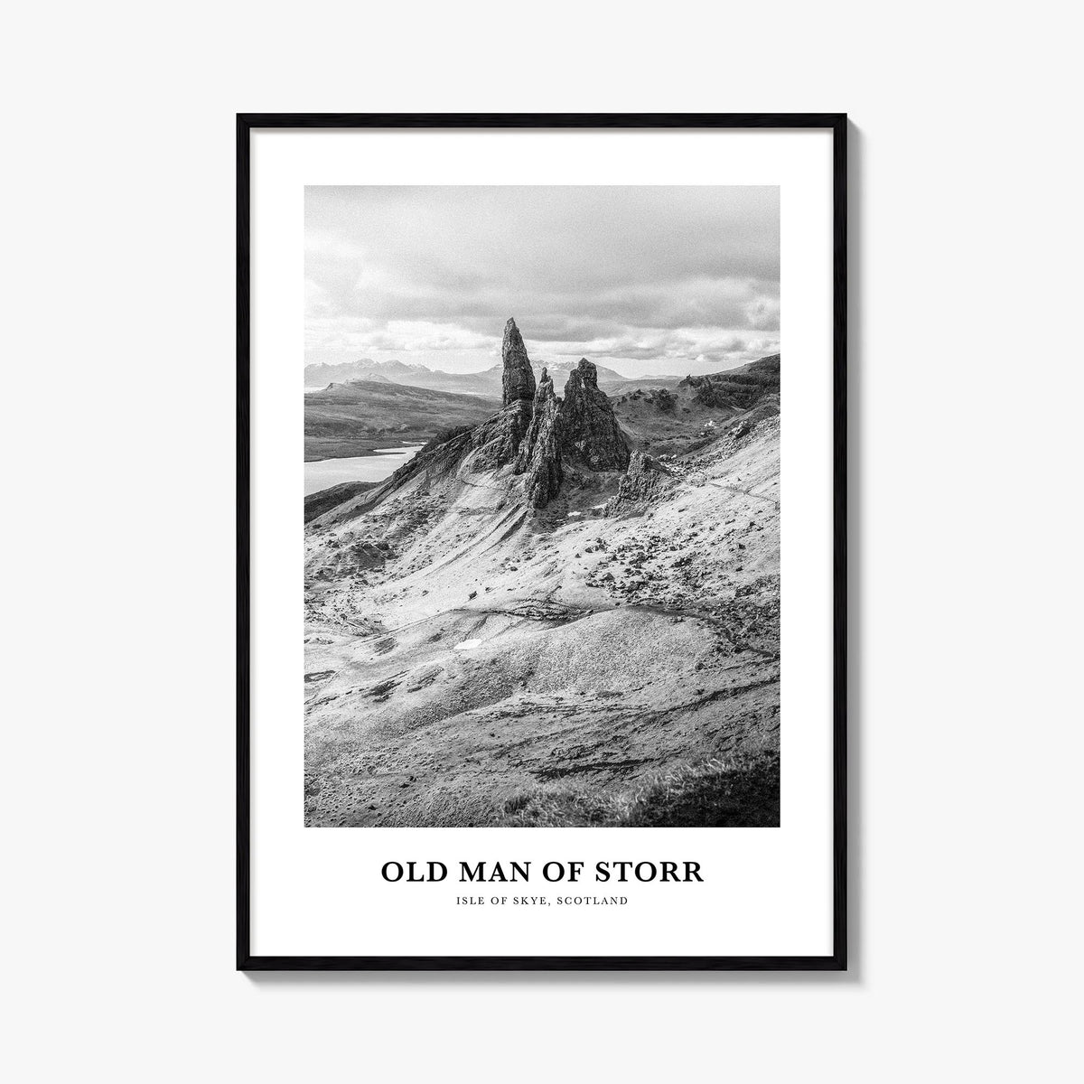 Old Man of Storr black & white classic poster of United Kingdom – vertical wall art, unframed print shown in interior mockup