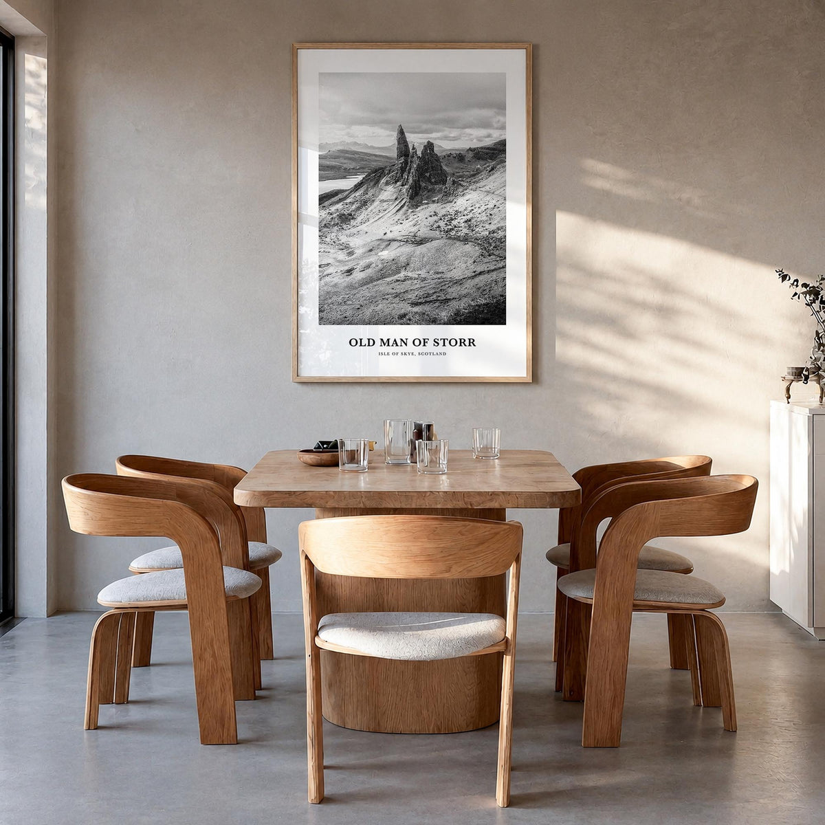 Old Man of Storr black & white classic poster of United Kingdom – vertical wall art in natural wood frame, hanging on wall