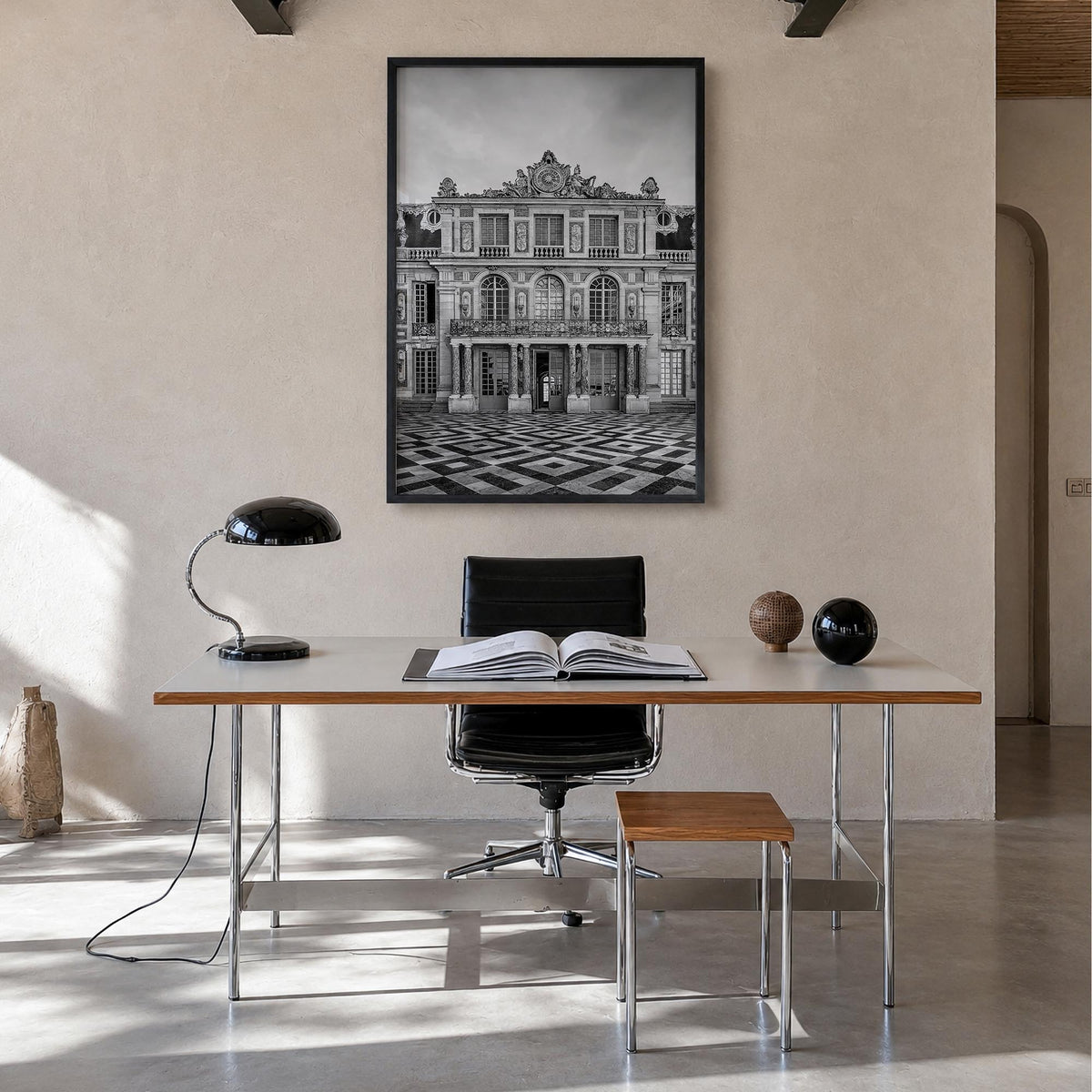 Old Palace Facade no. 1 black & white photo poster – vertical wall art in black wood frame, hanging on wall