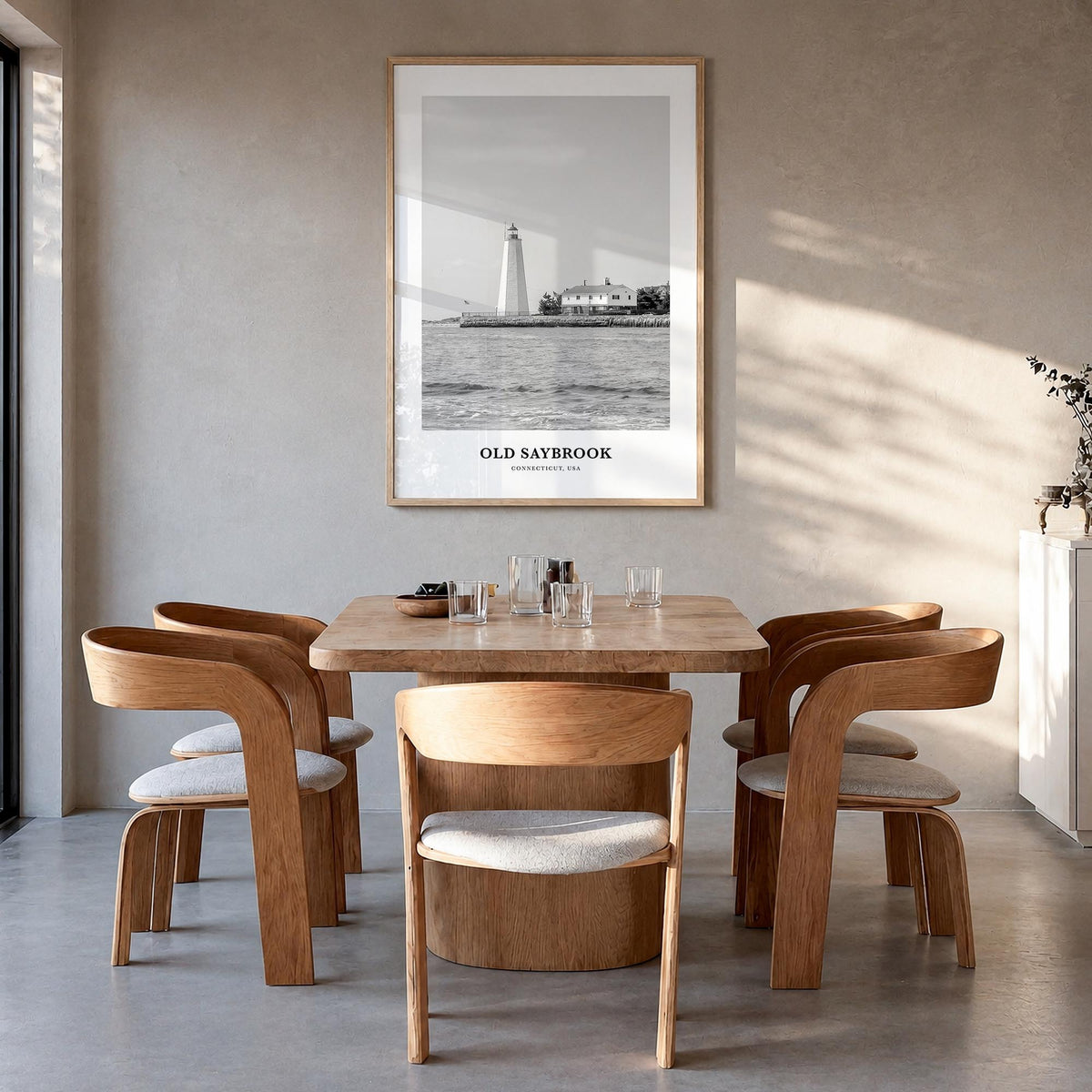 Old Saybrook black & white classic poster of Connecticut, USA – vertical wall art in natural wood frame, hanging on wall