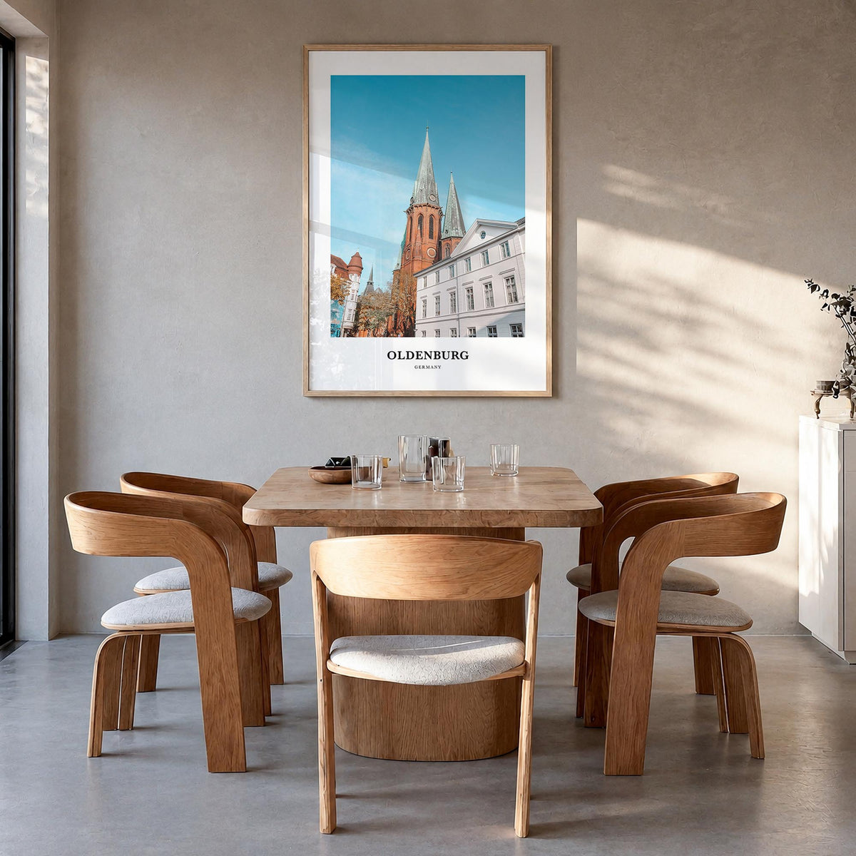 Oldenburg colorful classic poster of Germany – vertical wall art in natural wood frame, hanging on wall