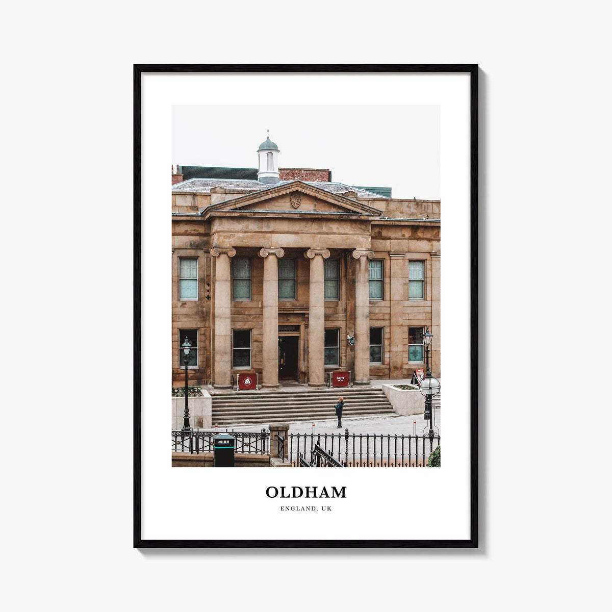 Oldham colorful classic poster of United Kingdom – vertical wall art, unframed print shown in interior mockup