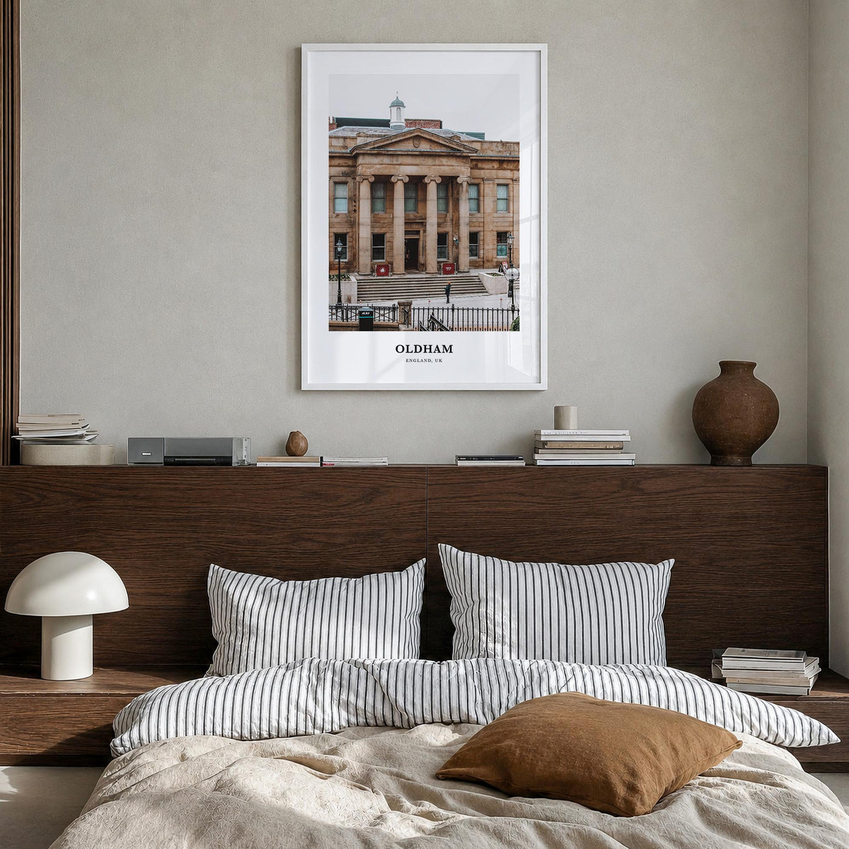 Oldham colorful classic poster of United Kingdom – vertical wall art in white wood frame, hanging on wall