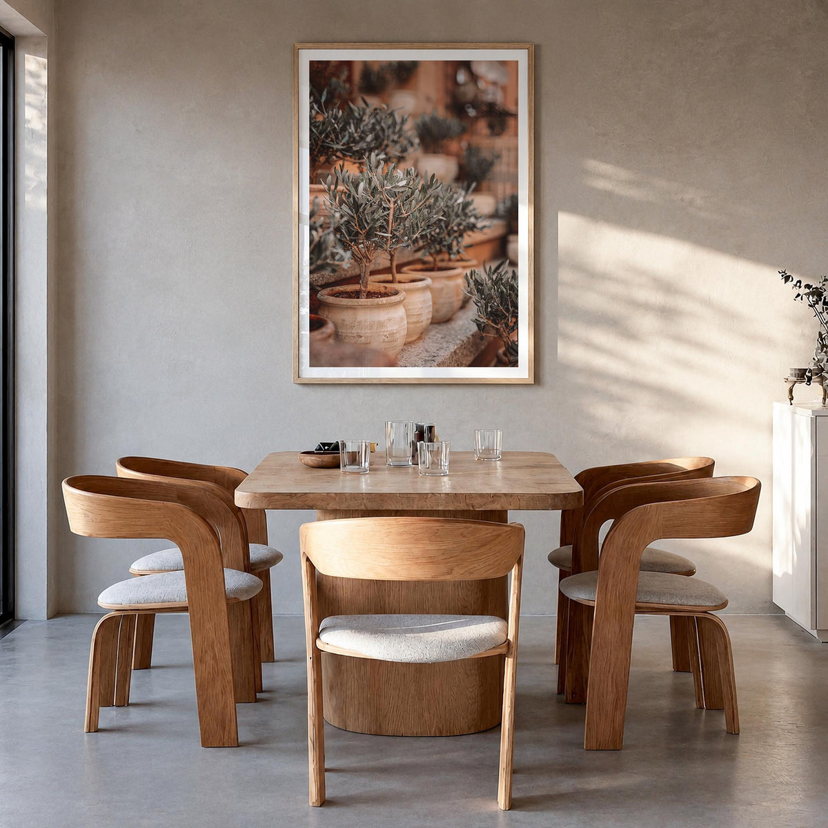 Olive Trees in Clay Pots colorful photo poster – vertical wall art in natural wood frame with white border, hanging on wall
