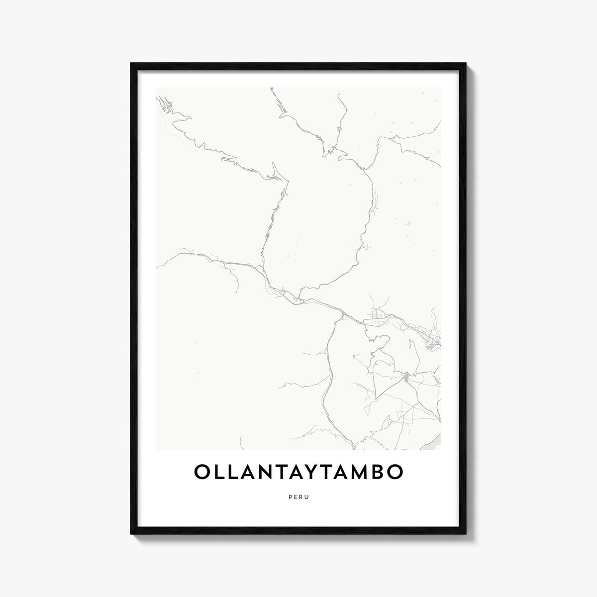 Ollantaytambo black & white map poster of Peru – vertical wall art, unframed print shown in interior mockup