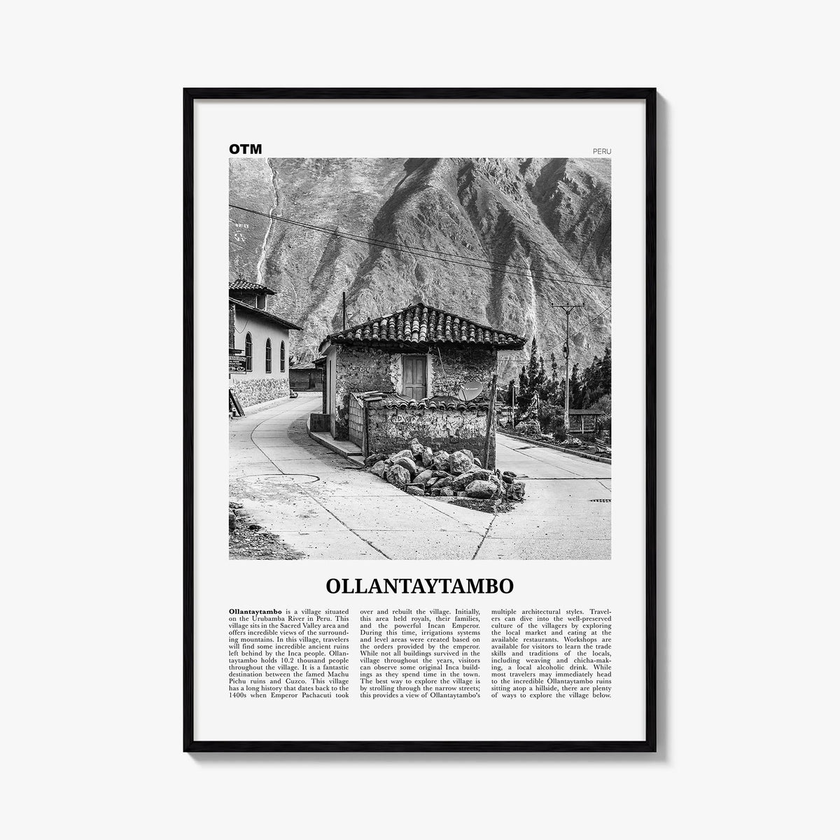 Ollantaytambo black & white newspaper poster of Peru – vertical wall art, unframed print shown in interior mockup
