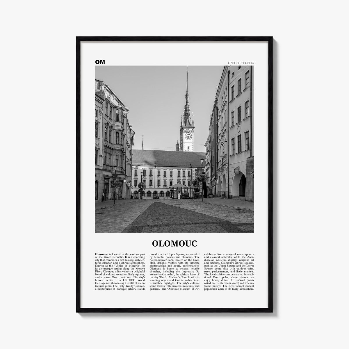 Olomouc black & white newspaper poster of Czechia – vertical wall art, unframed print shown in interior mockup