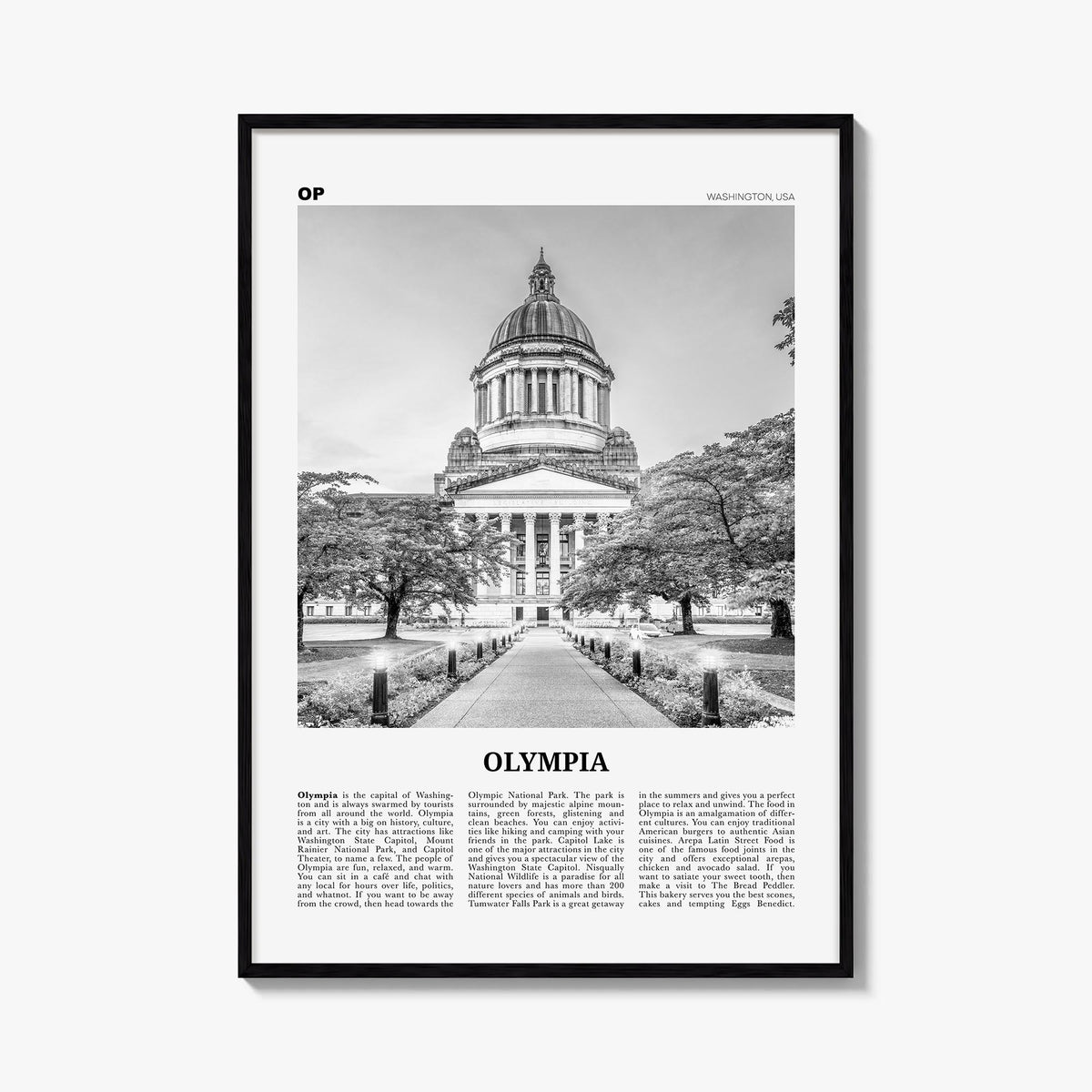 Olympia no. 1 black & white newspaper poster of Washington, USA – vertical wall art, unframed print shown in interior mockup
