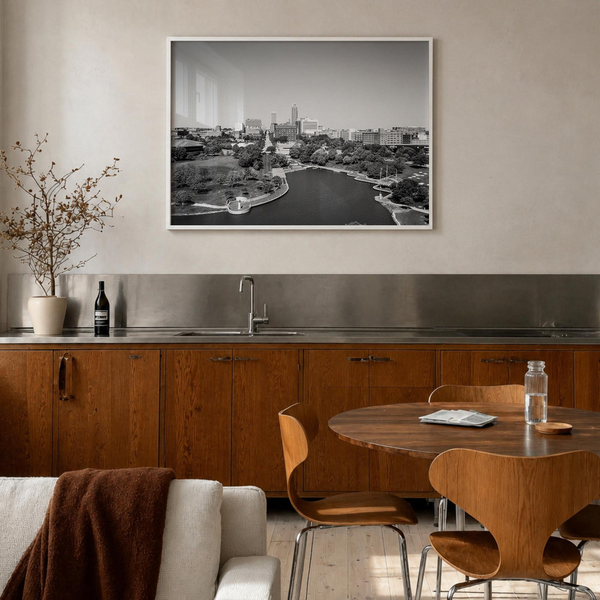 Omaha black & white photo poster of Nebraska, USA – horizontal wall art in white wood frame, hanging on wall
