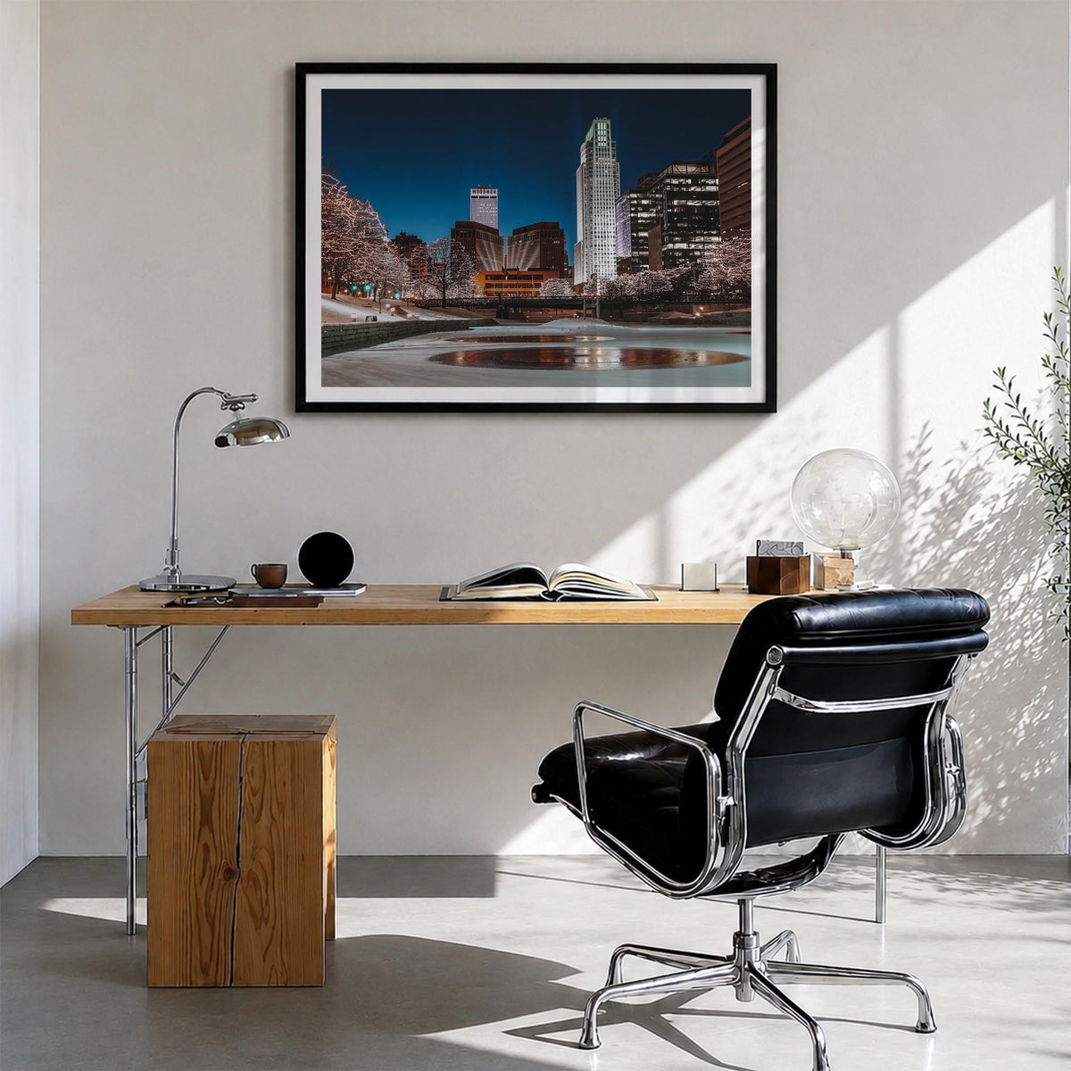 Omaha colorful photo poster of Nebraska, USA – horizontal wall art in black wood frame with white border, hanging on wall