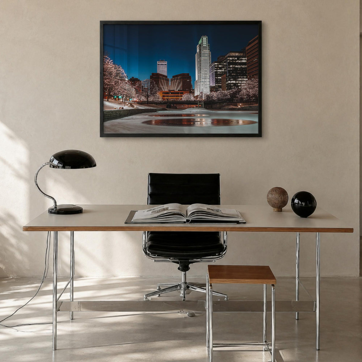 Omaha colorful photo poster of Nebraska, USA – horizontal wall art in black wood frame, hanging on wall