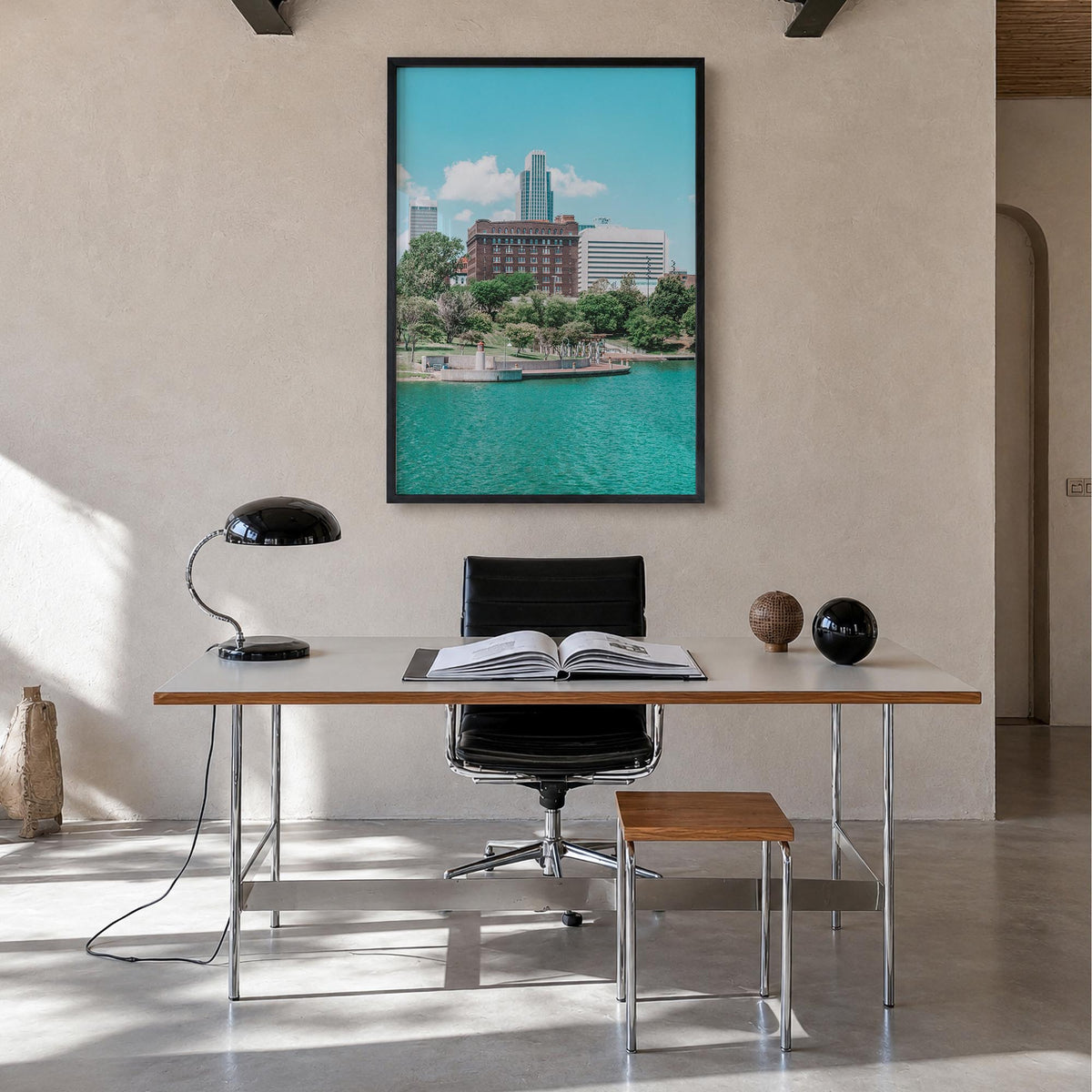 Omaha colorful photo poster of Nebraska, USA – vertical wall art in black wood frame, hanging on wall