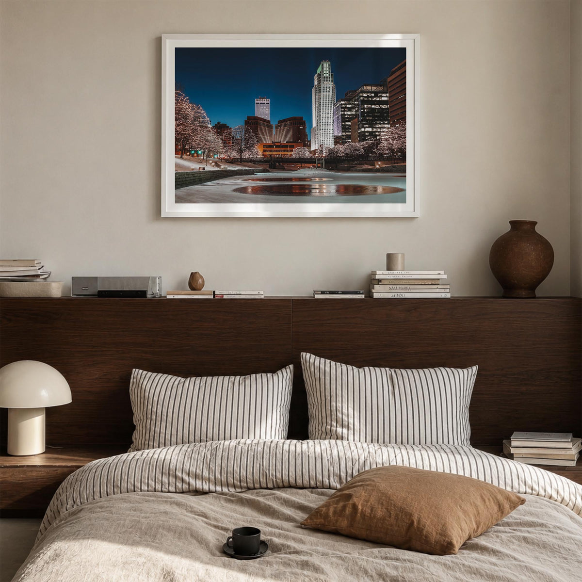 Omaha colorful photo poster of Nebraska, USA – horizontal wall art in white wood frame with white border, hanging on wall