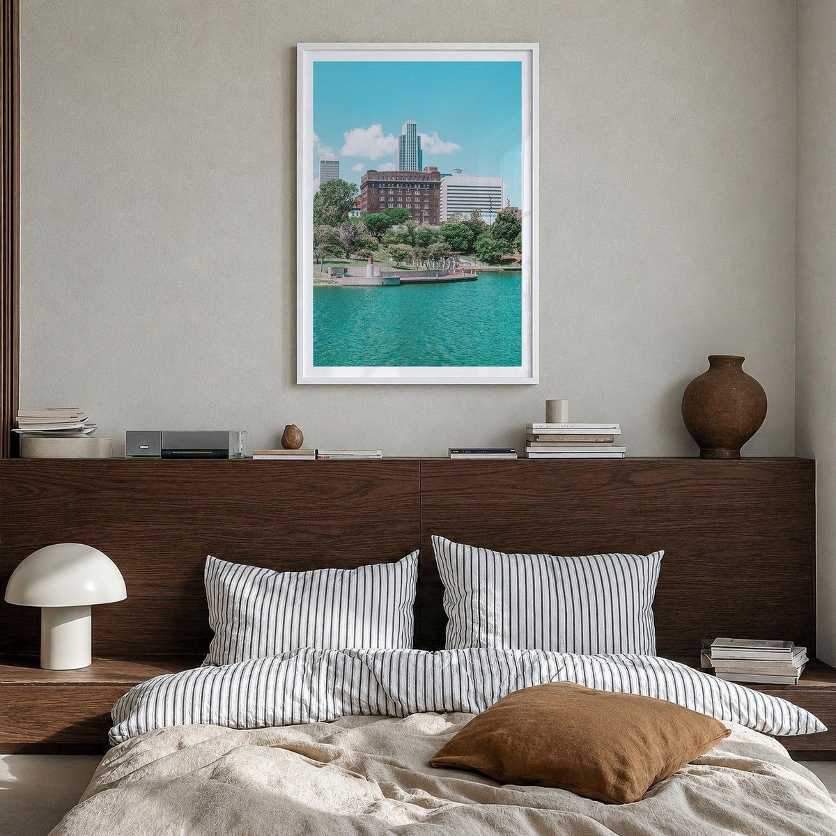 Omaha colorful photo poster of Nebraska, USA – vertical wall art in white wood frame with white border, hanging on wall
