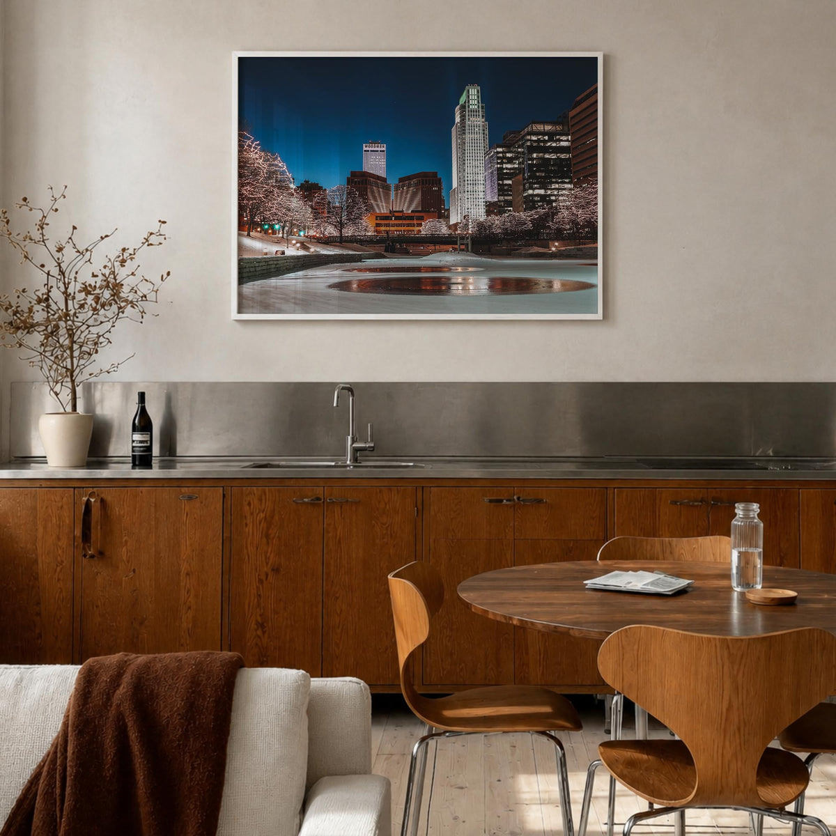 Omaha colorful photo poster of Nebraska, USA – horizontal wall art in white wood frame, hanging on wall