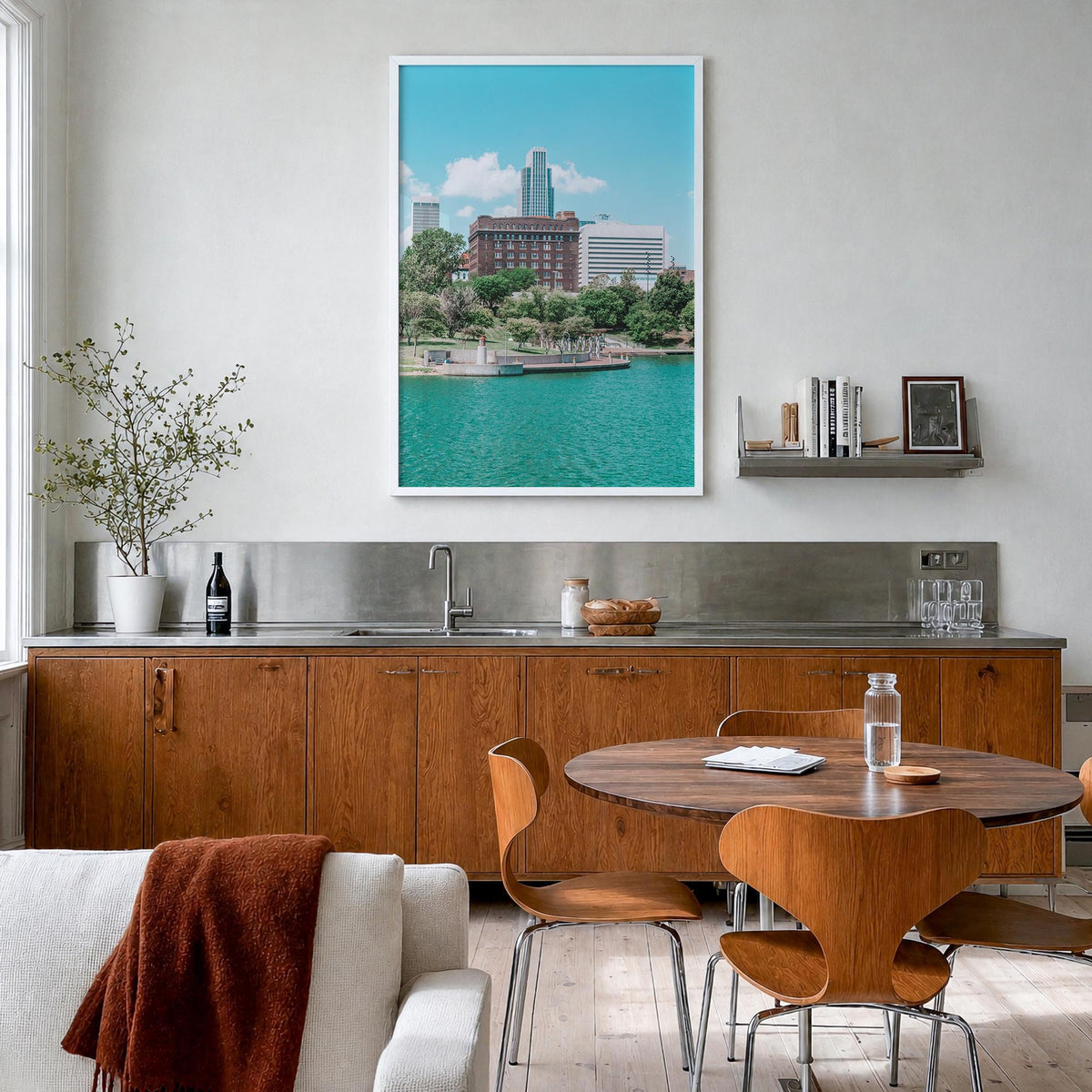 Omaha colorful photo poster of Nebraska, USA – vertical wall art in white wood frame, hanging on wall