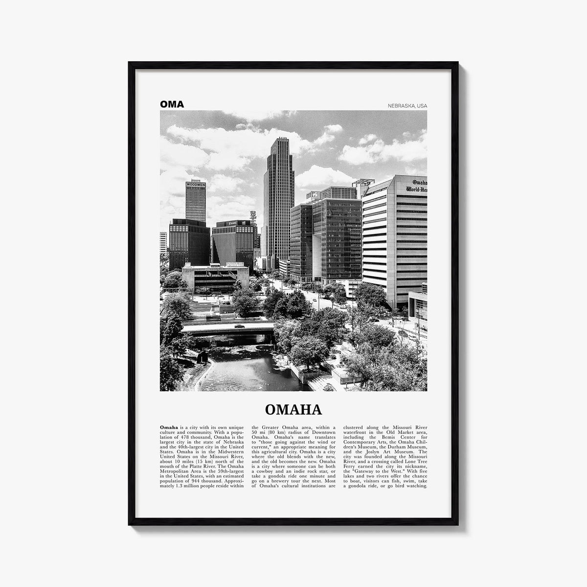 Omaha no. 1 black & white newspaper poster of Nebraska, USA – vertical wall art, unframed print shown in interior mockup