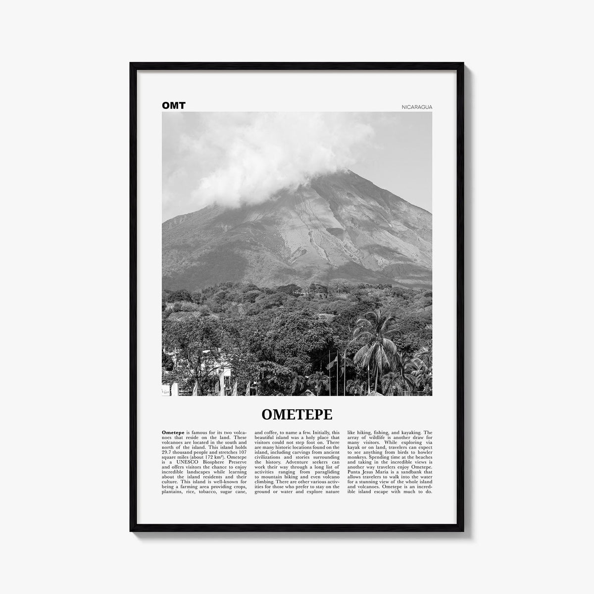 Ometepe black & white newspaper poster of Nicaragua – vertical wall art, unframed print shown in interior mockup