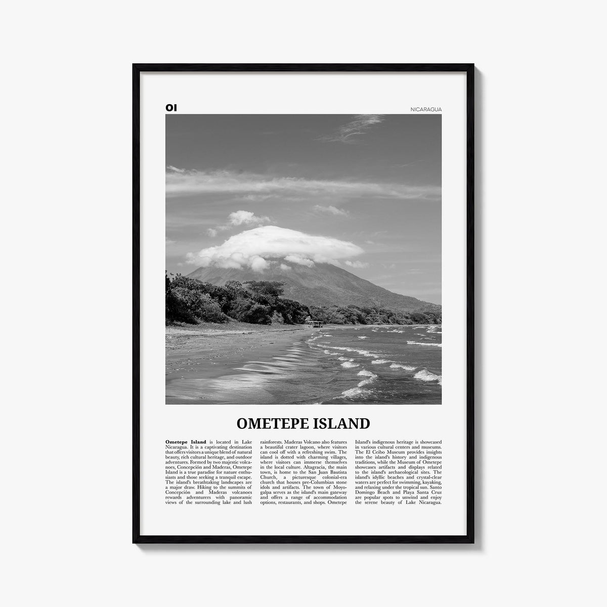 Ometepe Island black & white newspaper poster of Nicaragua – vertical wall art, unframed print shown in interior mockup
