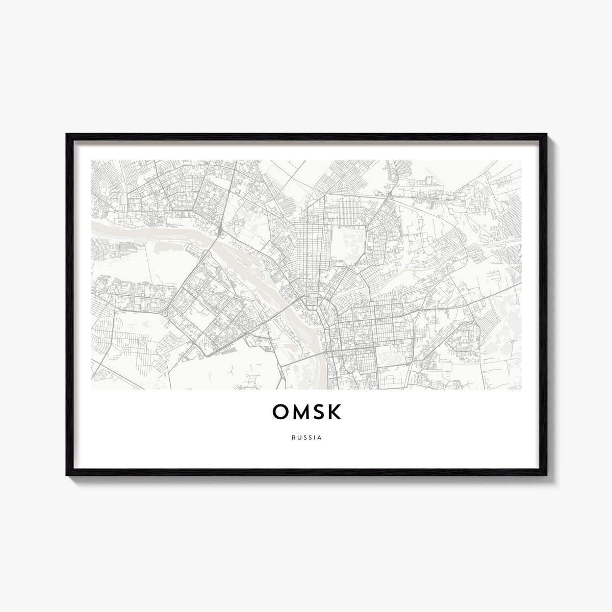 Omsk black & white map poster of Russia – horizontal wall art, unframed print shown in interior mockup