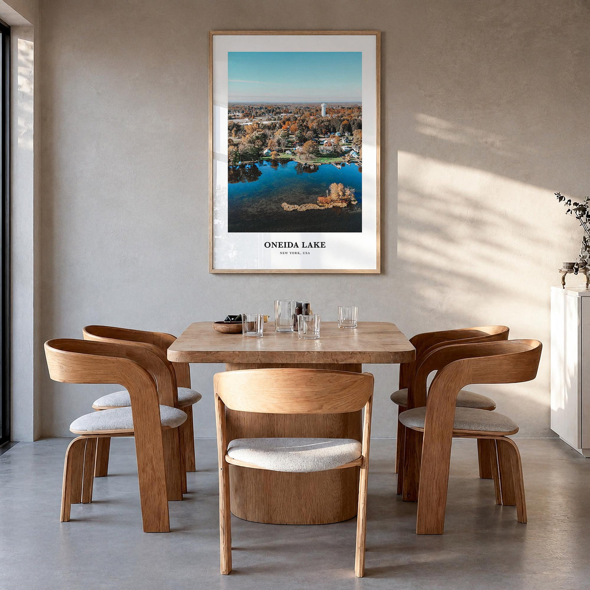 Oneida Lake colorful classic poster of New York, USA – vertical wall art in natural wood frame, hanging on wall