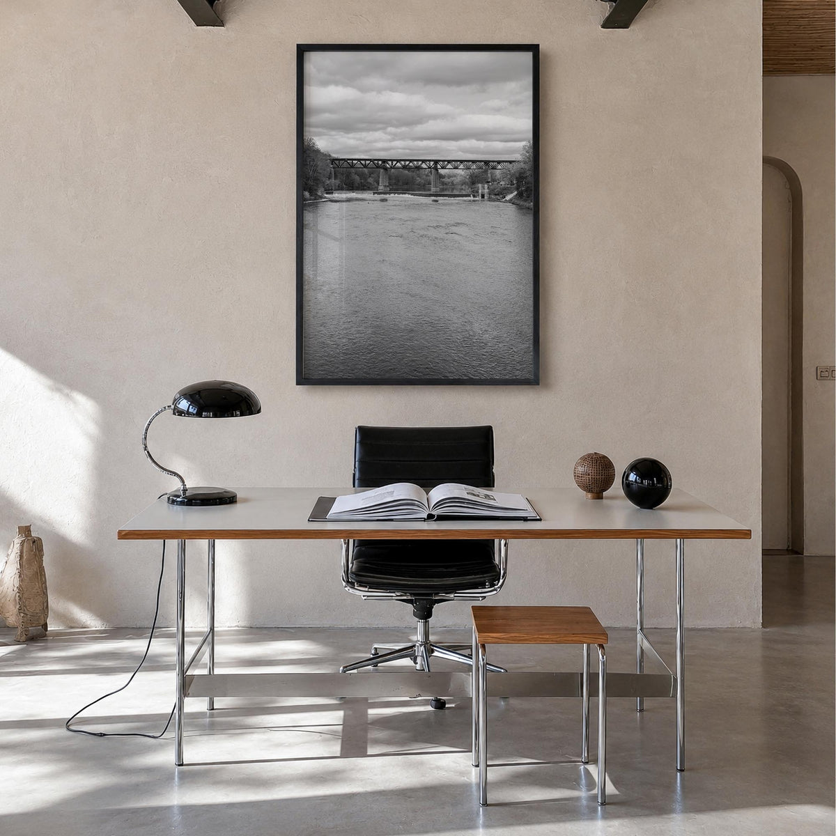 Ontario black & white photo poster of Canada – vertical wall art in black wood frame, hanging on wall