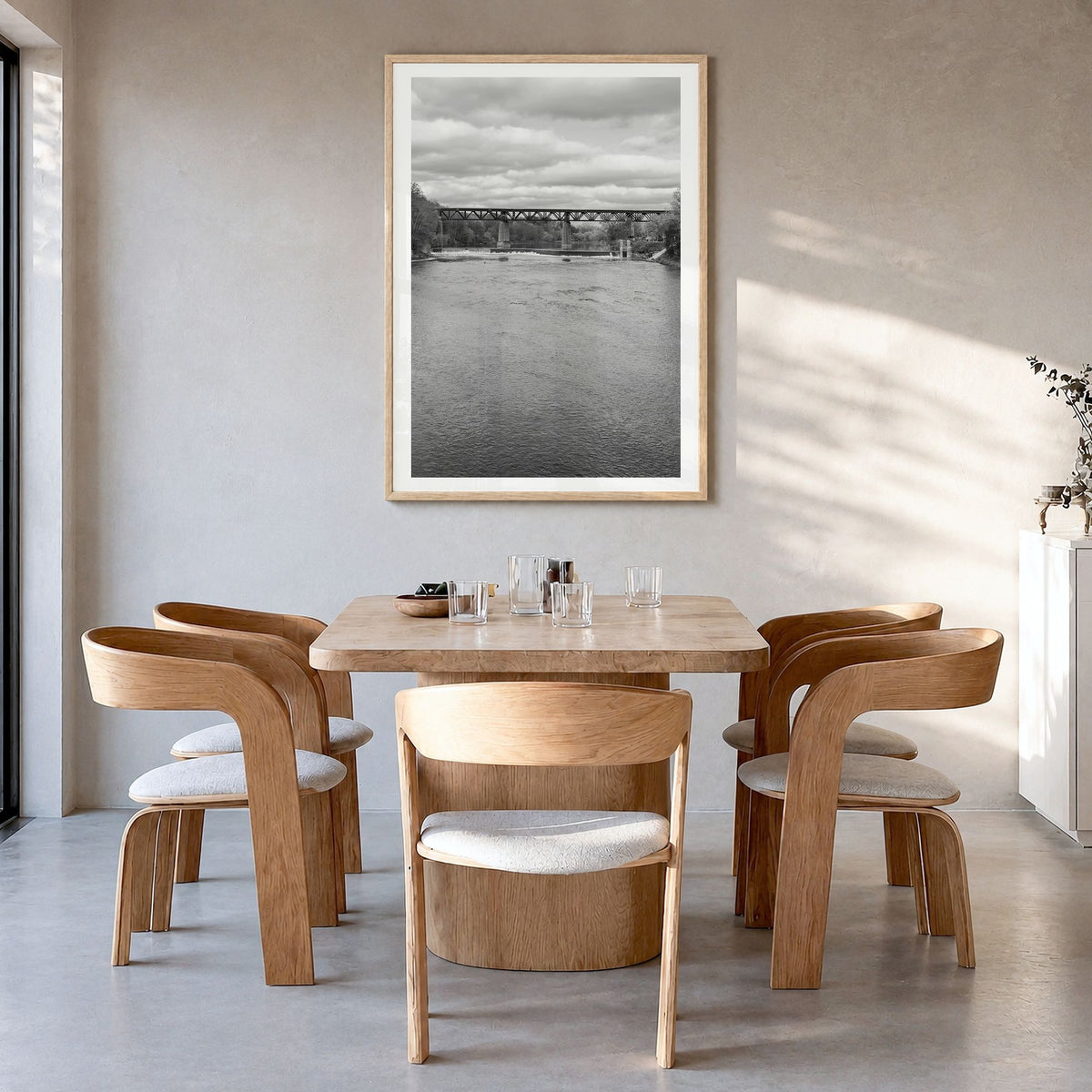 Ontario Photo Poster in a natural wood frame, hanging in a dining room, white border