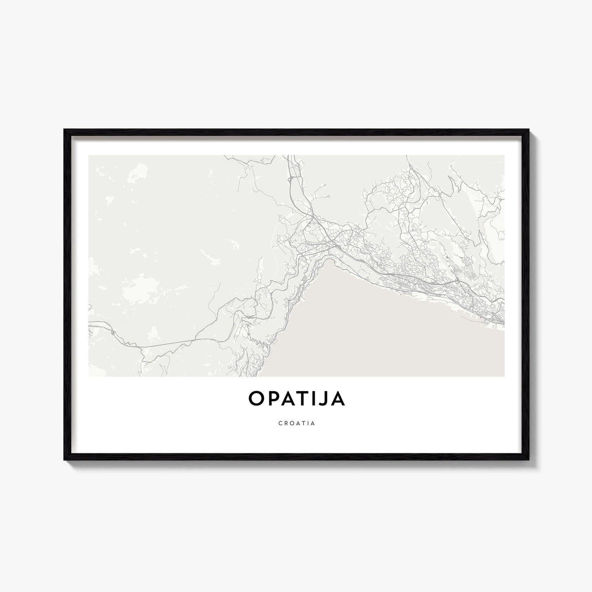 Opatija black & white map poster of Croatia – horizontal wall art, unframed print shown in interior mockup