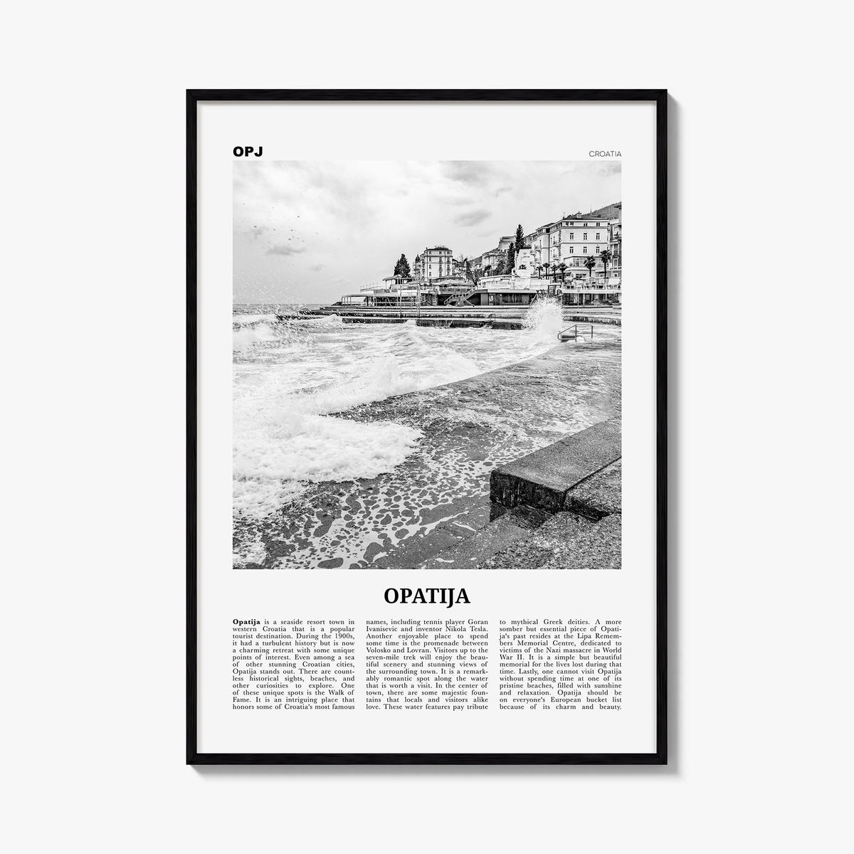 Opatija black & white newspaper poster of Croatia – vertical wall art, unframed print shown in interior mockup