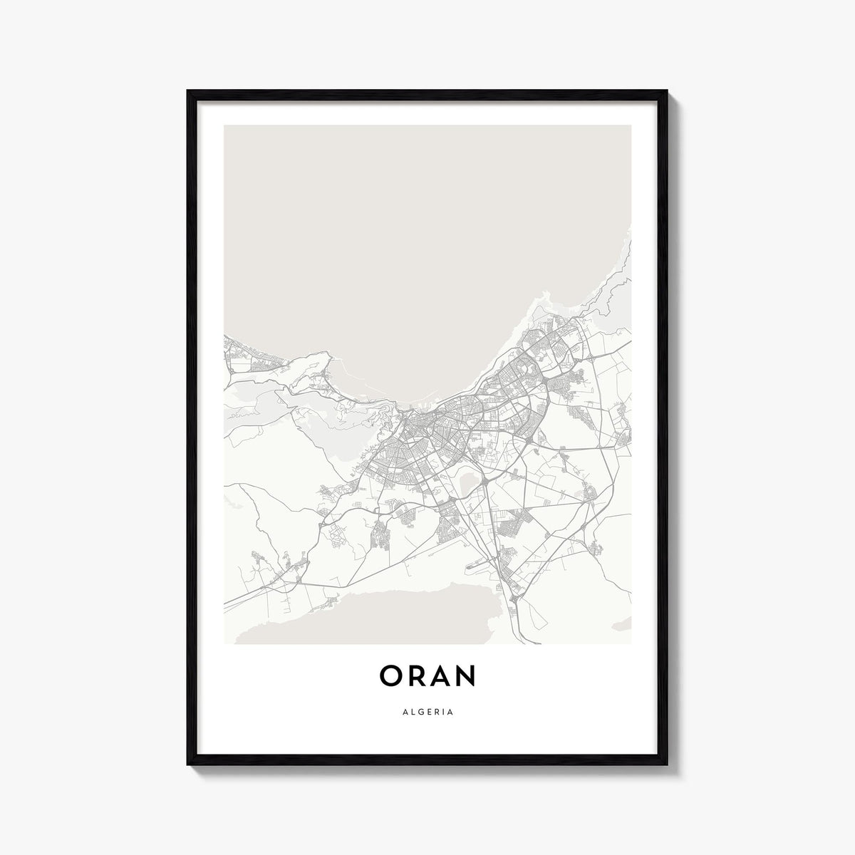 Oran black & white map poster of Algeria – vertical wall art, unframed print shown in interior mockup