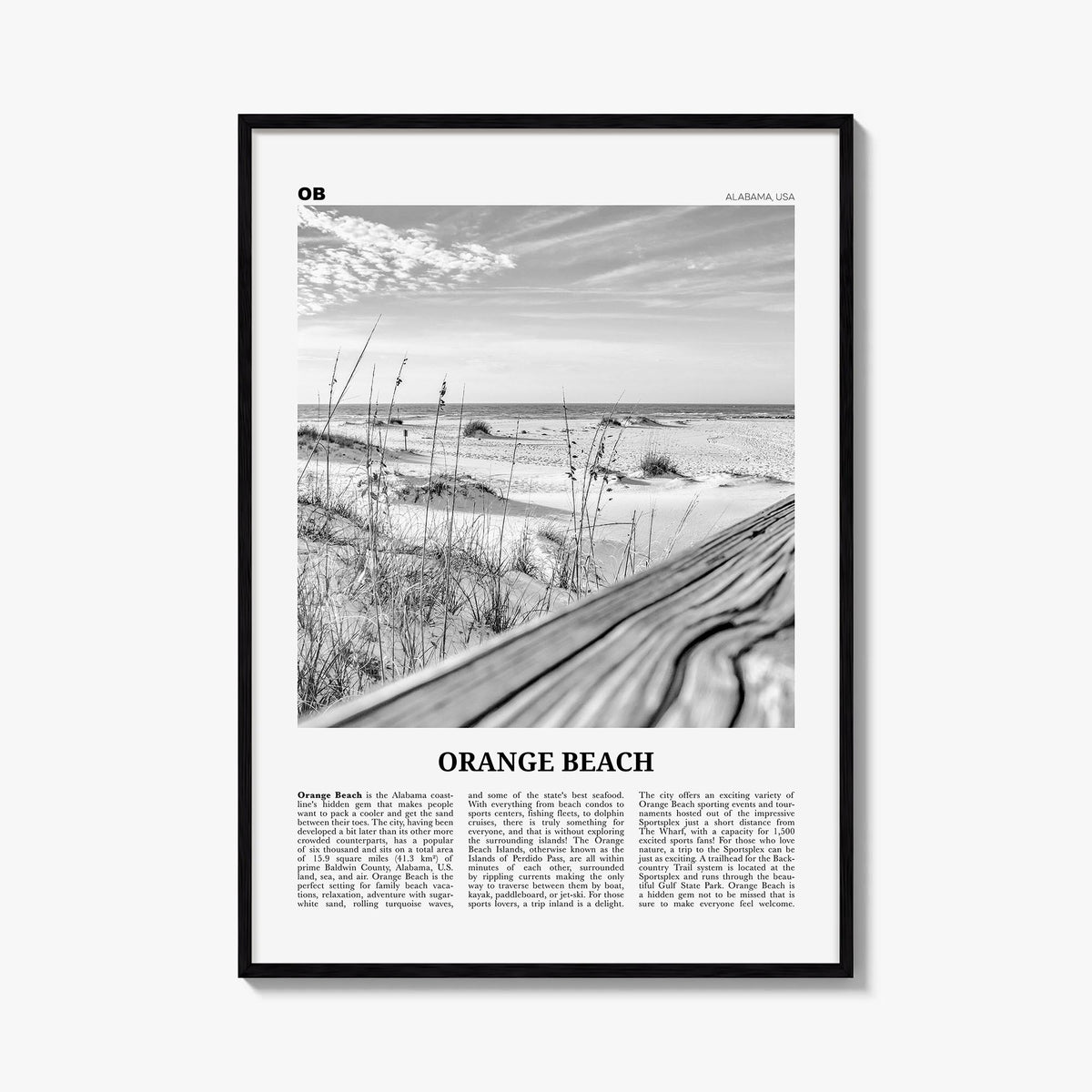 Orange Beach black & white newspaper poster of Alabama, USA – vertical wall art, unframed print shown in interior mockup