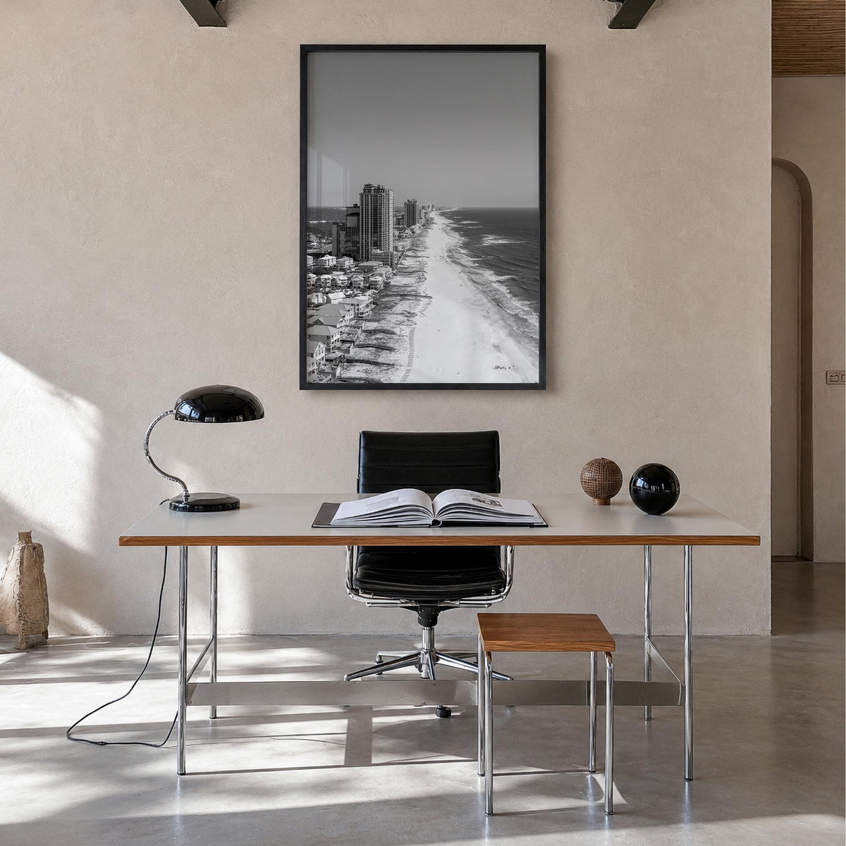 Orange Beach black & white photo poster of Alabama, USA – vertical wall art in black wood frame, hanging on wall