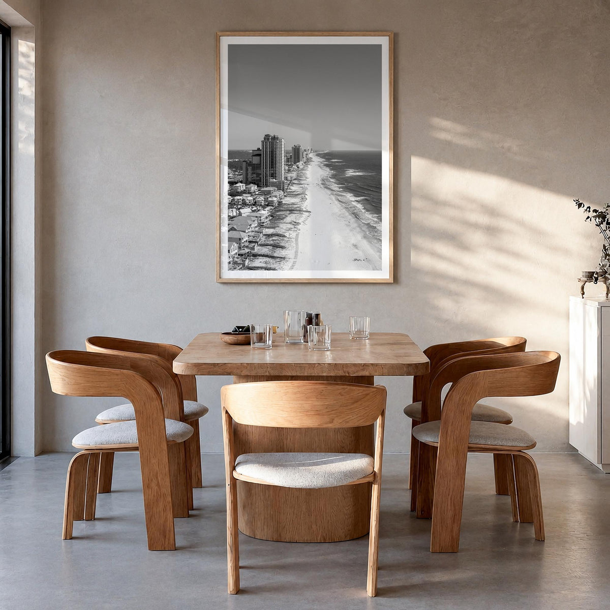 Orange Beach black & white photo poster of Alabama, USA – vertical wall art in natural wood frame with white border, hanging