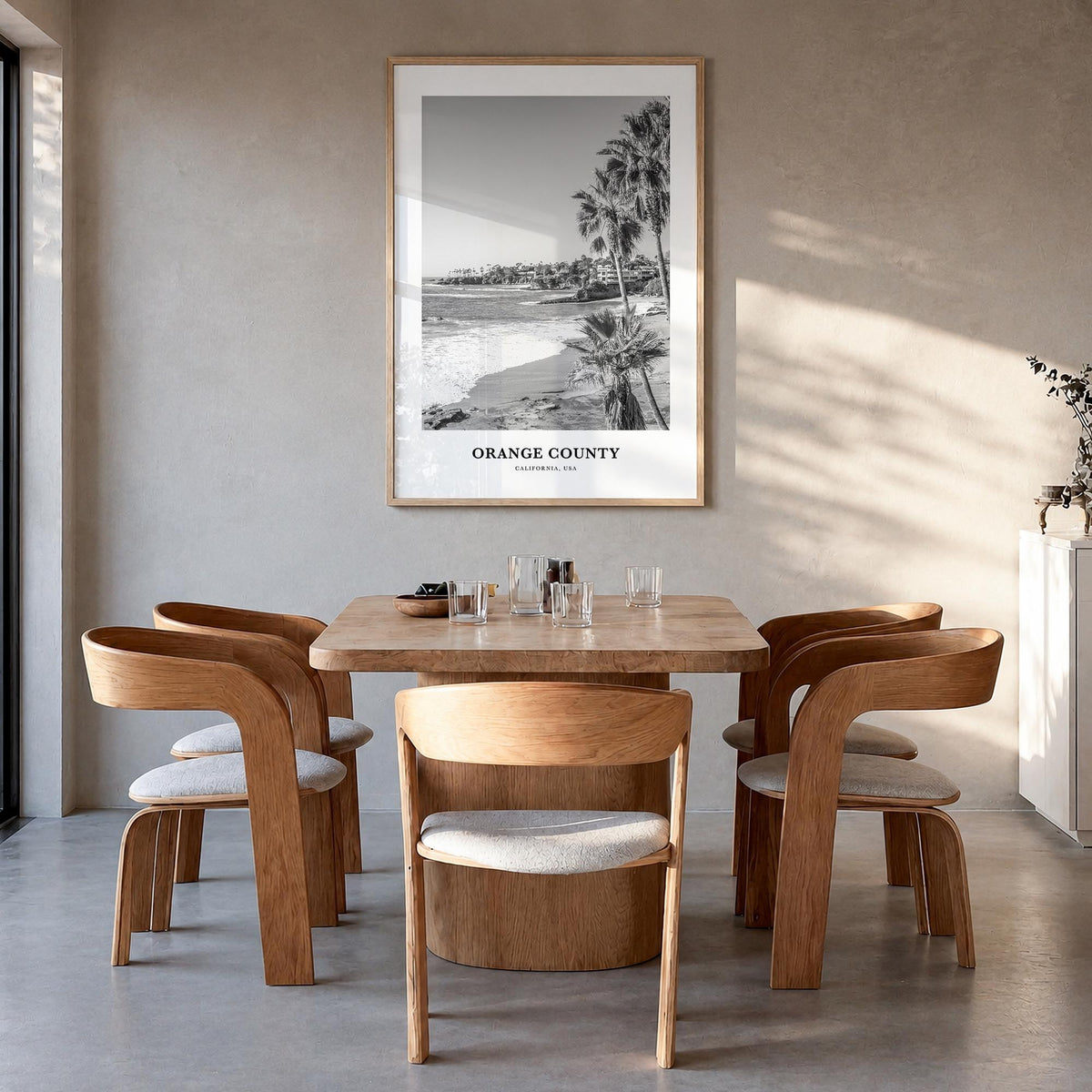 Orange County black & white classic poster of California, USA – vertical wall art in natural wood frame, hanging on wall