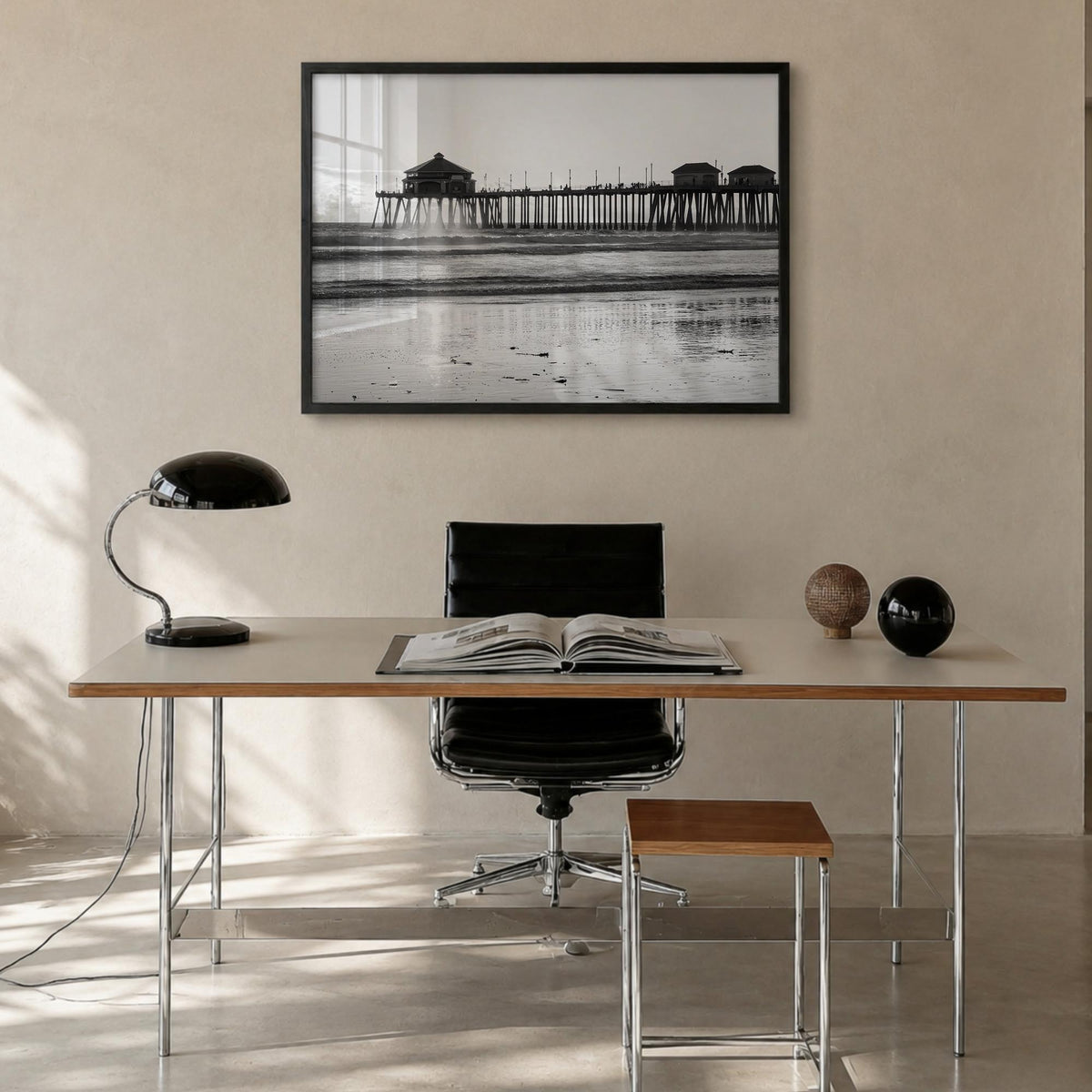 Orange County black & white photo poster of California, USA – horizontal wall art in black wood frame, hanging on wall