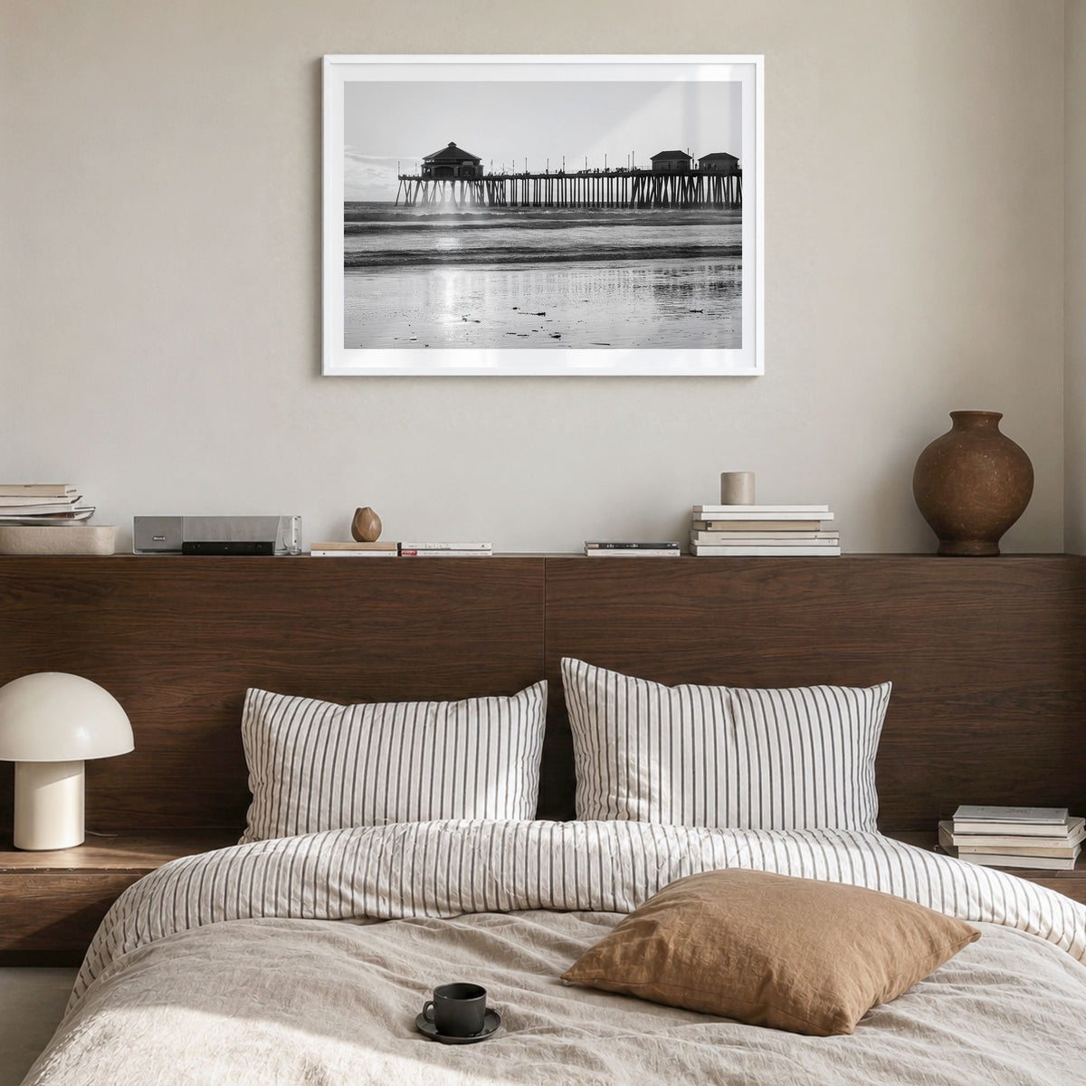 Orange County Photo Poster in a white wood frame, hanging in a bedroom, white border