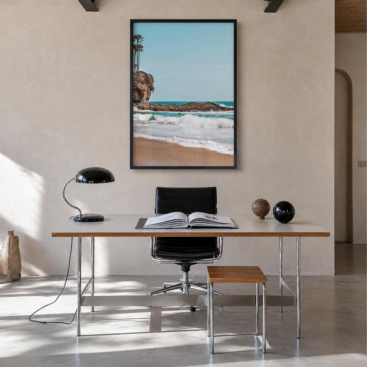 Orange County no. 1 colorful photo poster of California, USA – vertical wall art in black wood frame, hanging on wall
