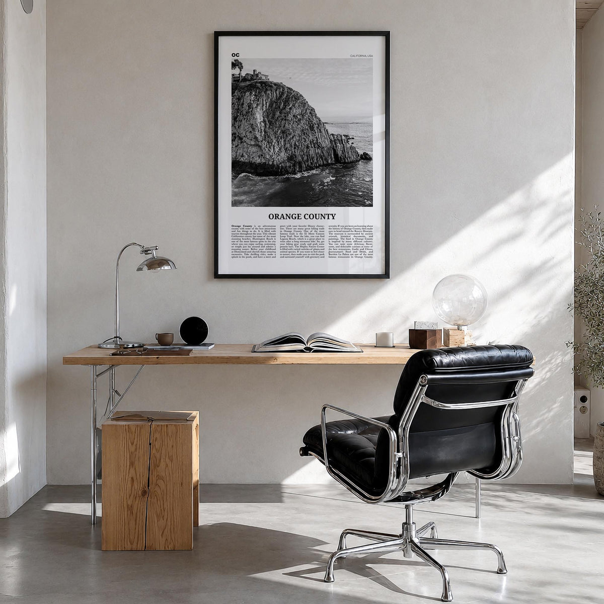 Orange County no. 2 black & white newspaper poster of California, USA – vertical wall art in black wood frame, hanging on wal