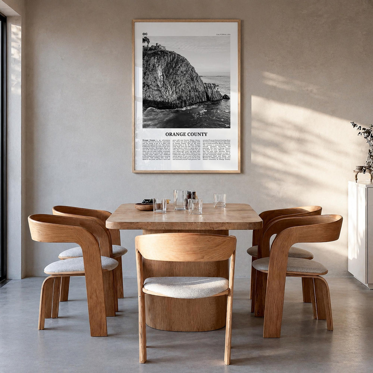 Orange County no. 2 black & white newspaper poster of California, USA – vertical wall art in natural wood frame, hanging on w