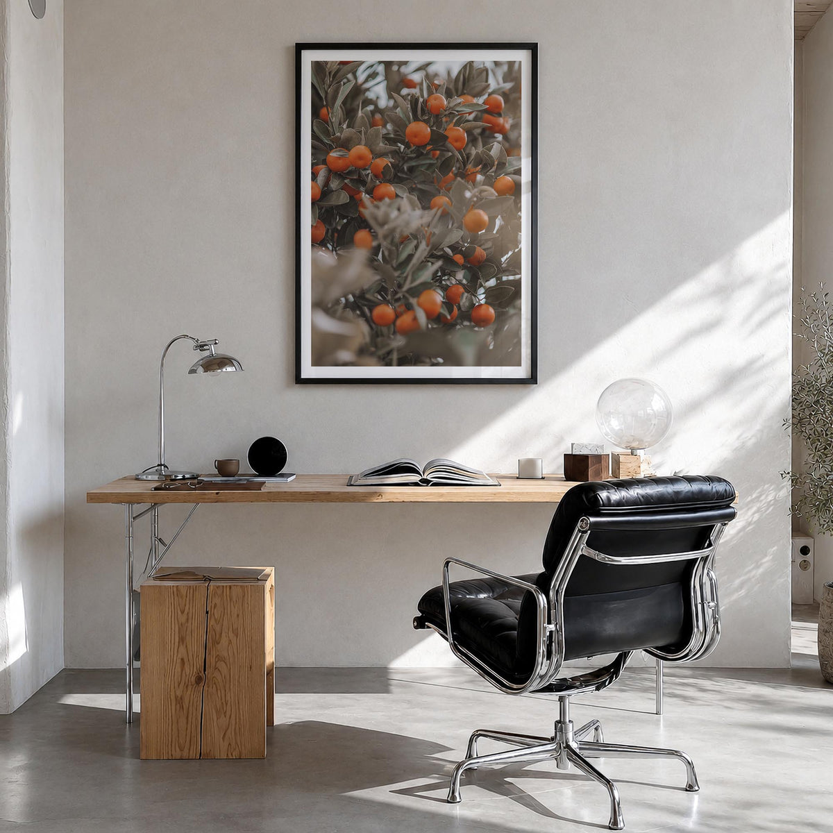 Orange Tree no. 2 colorful photo poster – vertical wall art in black wood frame with white border, hanging on wall