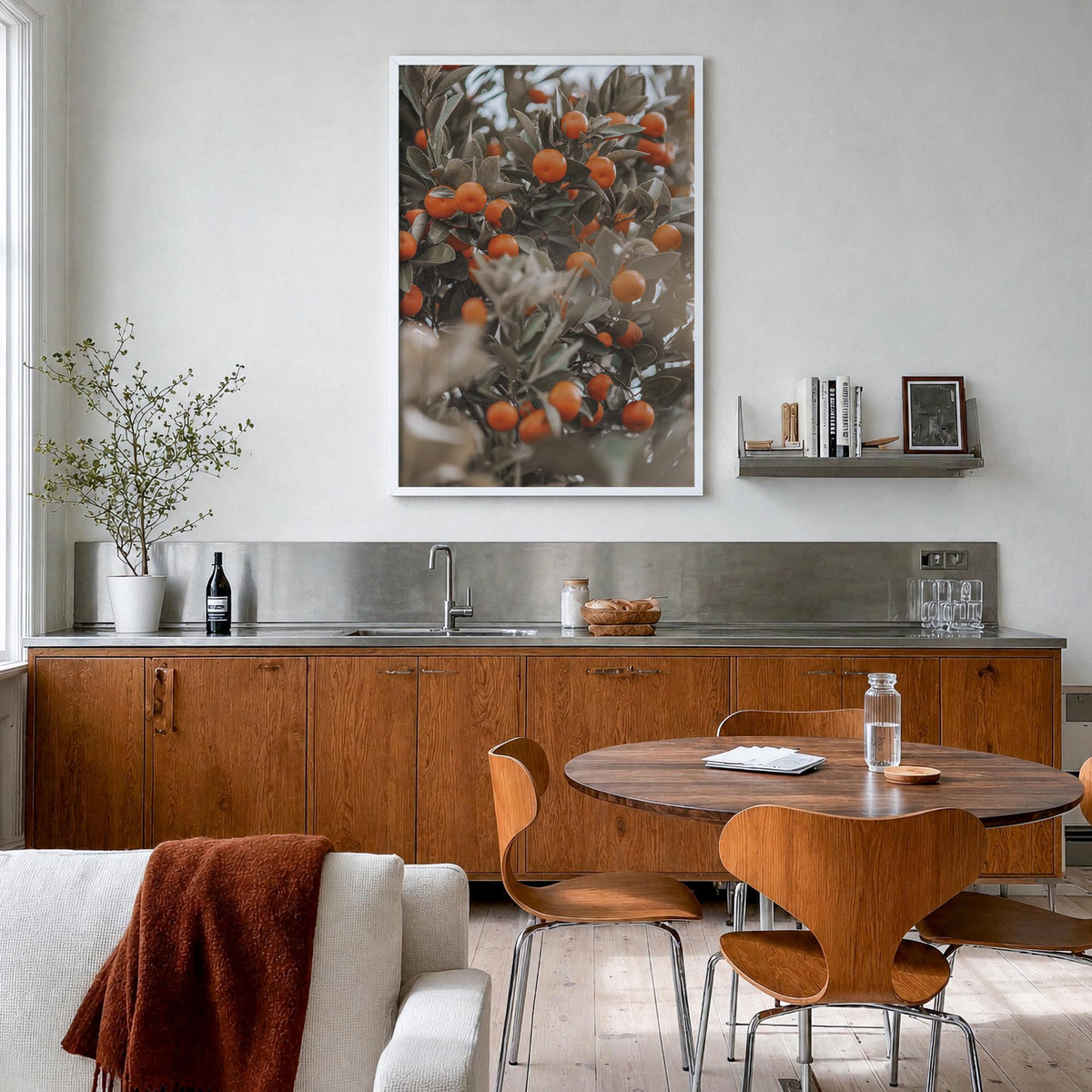 Orange Tree no. 2 colorful photo poster – vertical wall art in white wood frame, hanging on wall