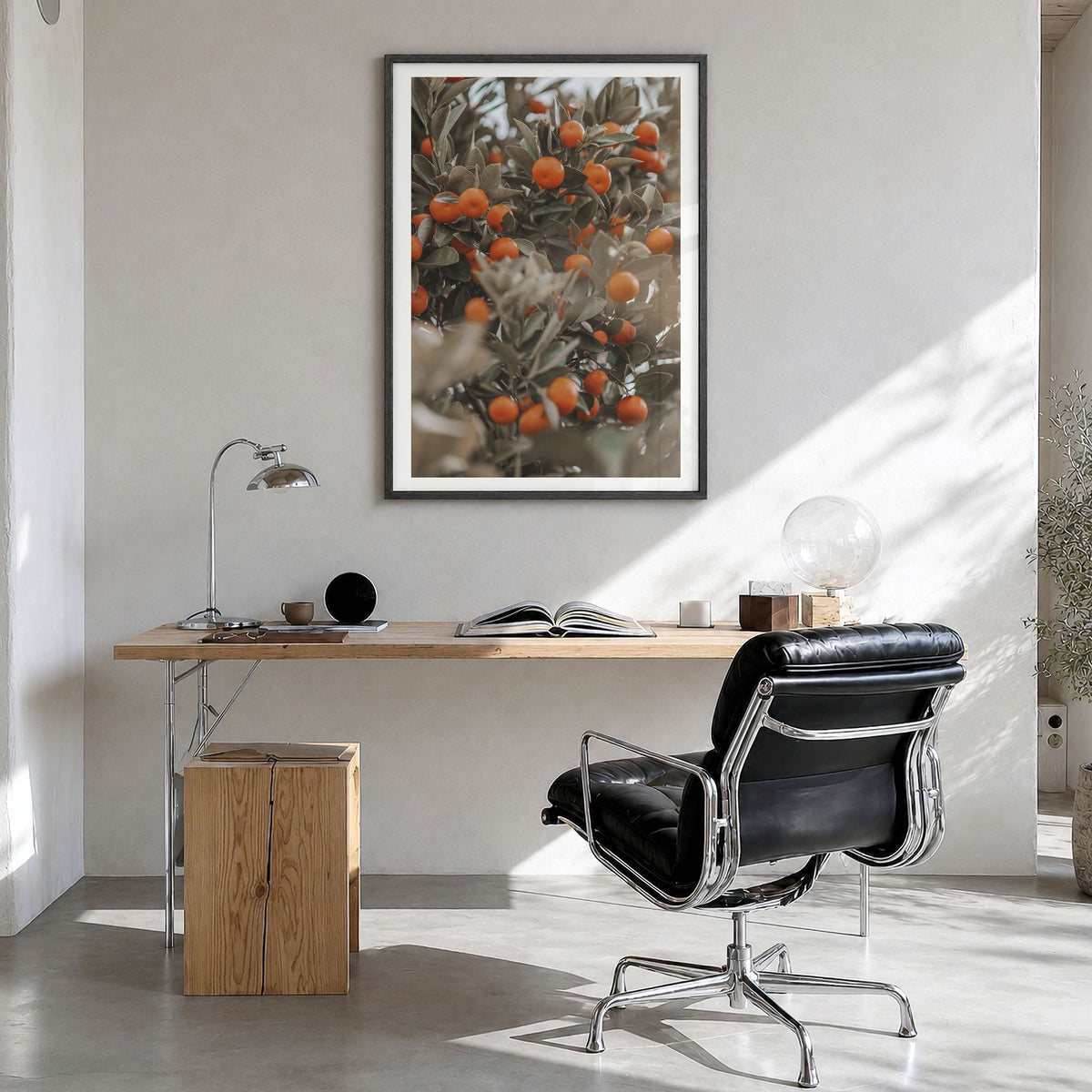 Orange Tree Photo No 2 Poster in a black wood frame, hanging in a bright home office, white border