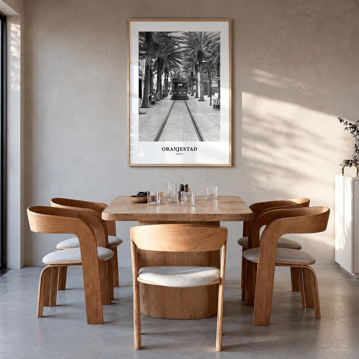 Oranjestad black & white classic poster of Aruba – vertical wall art in natural wood frame, hanging on wall