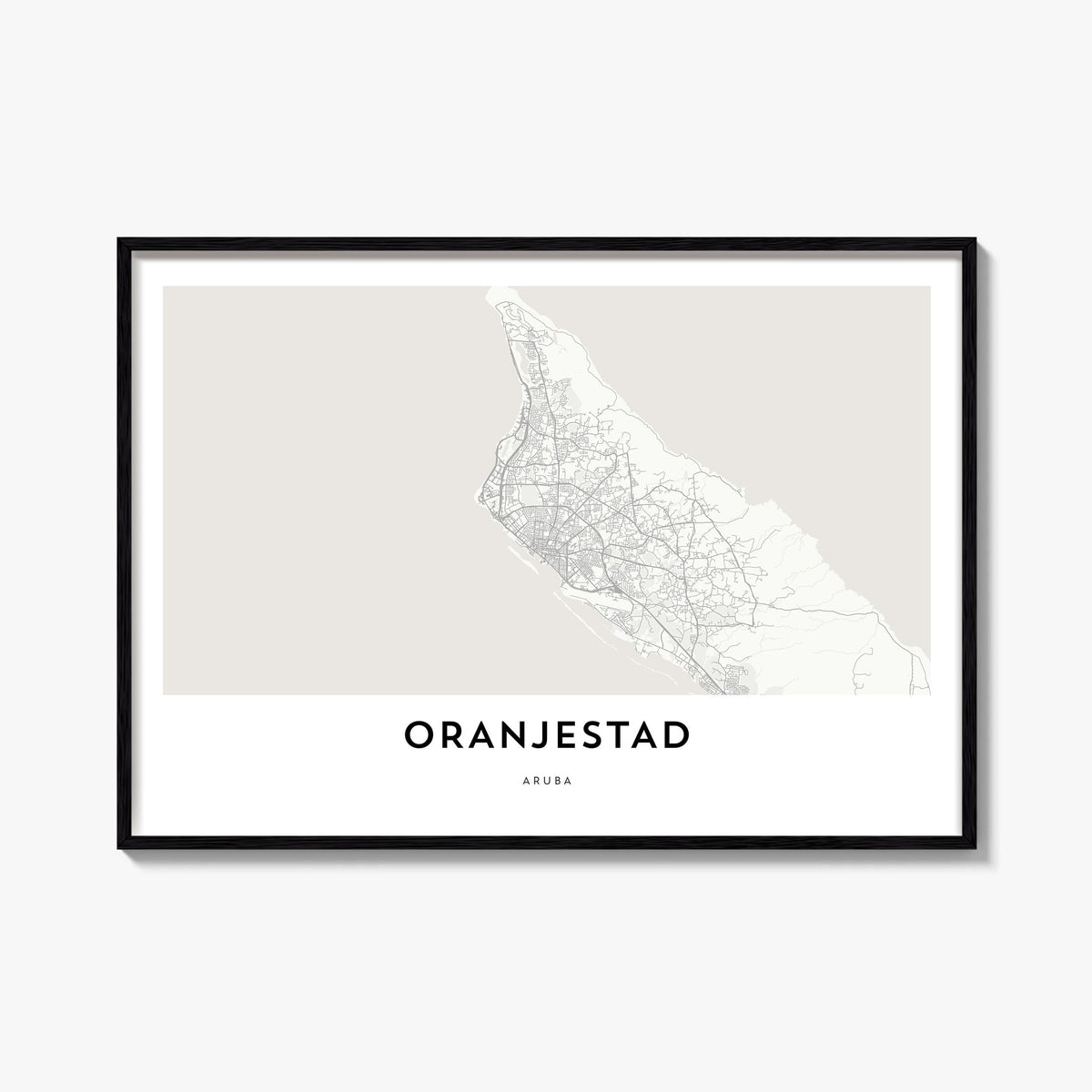 Oranjestad black & white map poster of Aruba – horizontal wall art, unframed print shown in interior mockup